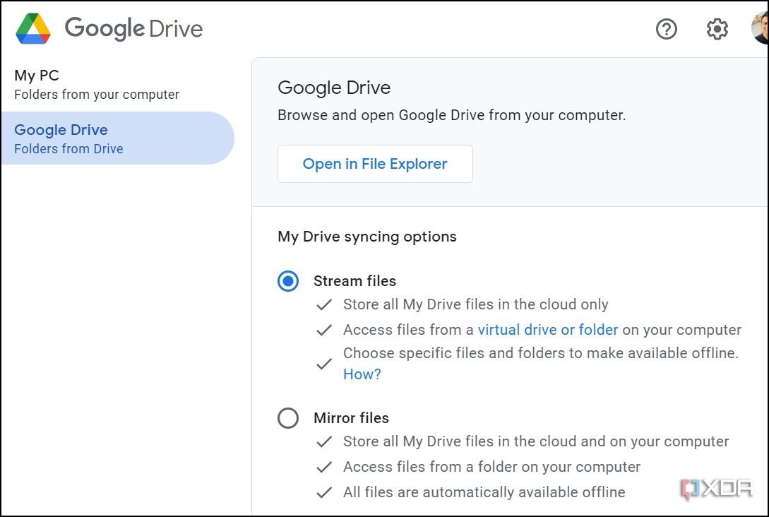 Opciones de sincronización de Google Drive