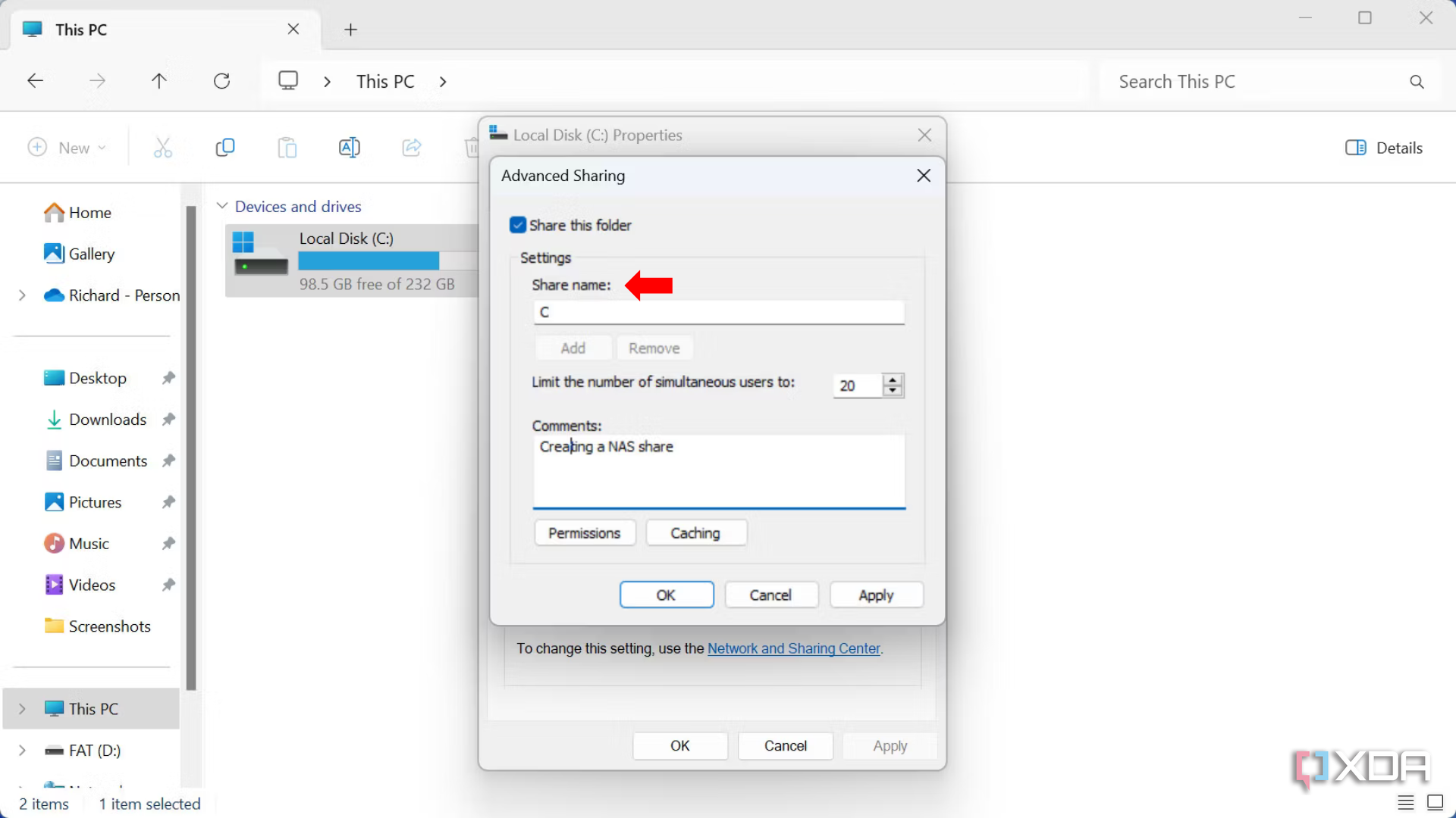 How to share a storage pool in Windows 11- Share name