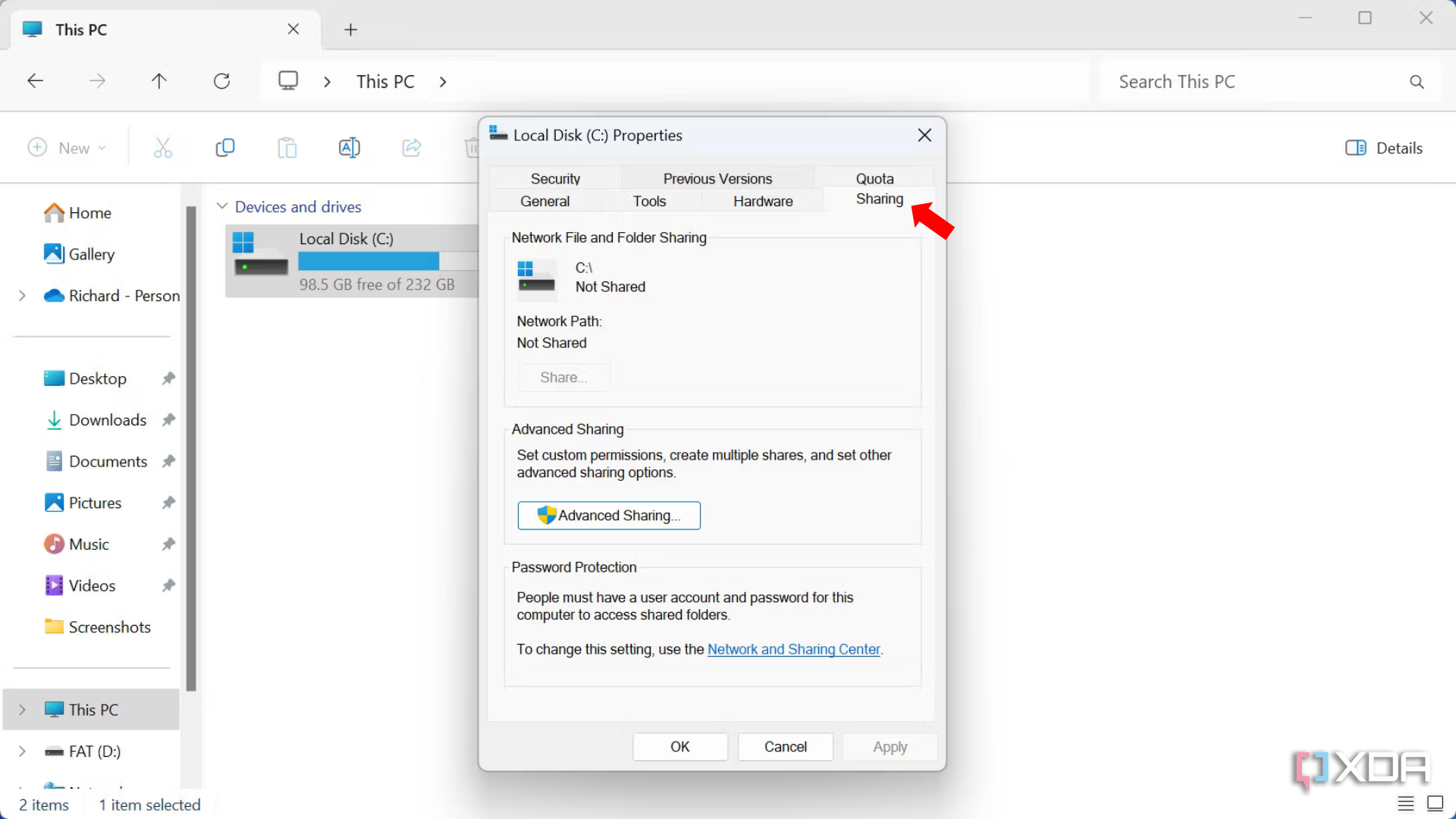 How to share a storage pool in Windows 11- Sharing tab
