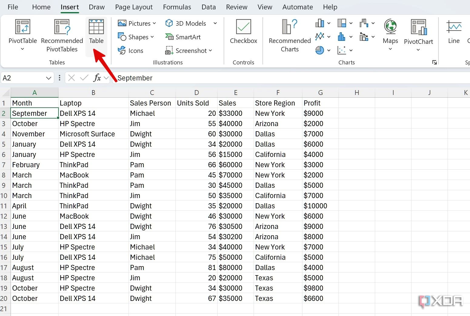 Table menu in Excel