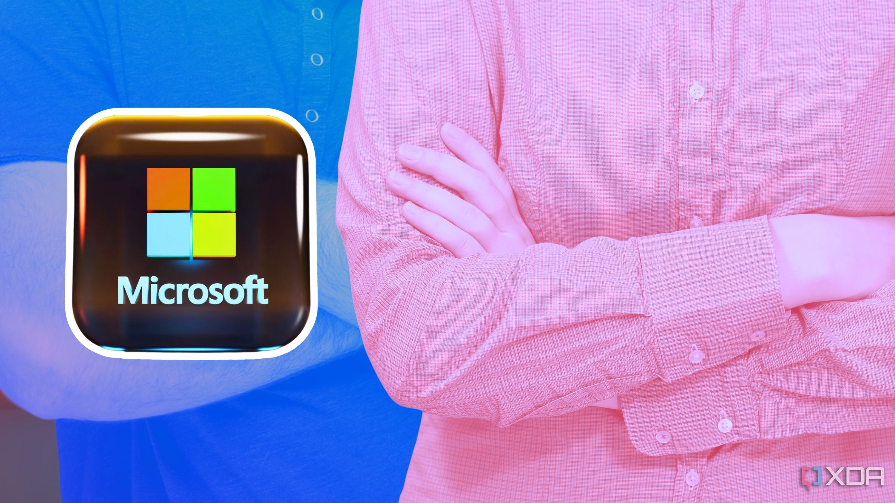A person with folded hands highlighted in pink standing next to a Microsoft logo