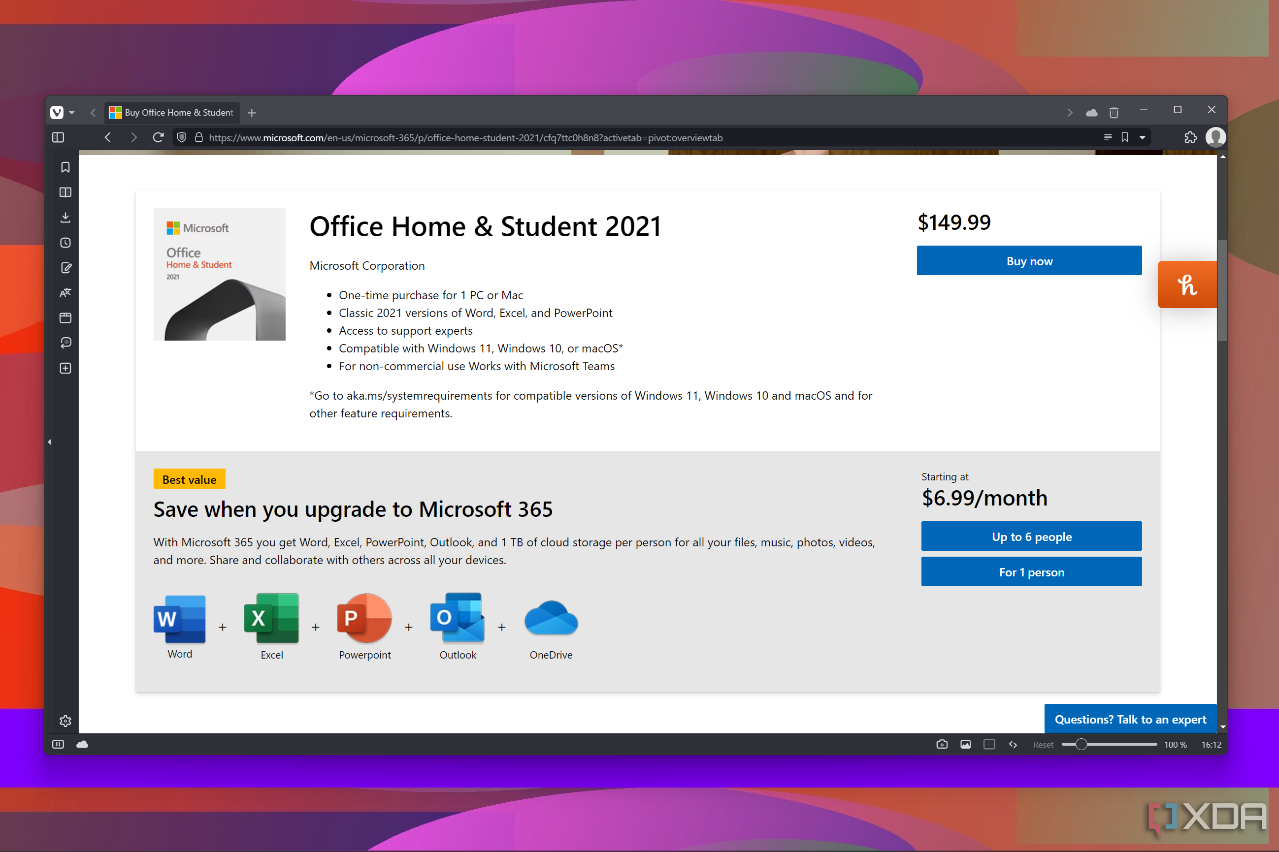 Captura de pantalla de una página de producto de Office 2021 que muestra el precio de Office 2021 Hogar y Estudiantes y Microsoft 365 Personal