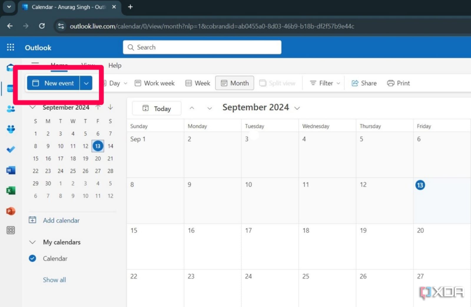 Captura de pantalla que muestra la página de inicio web de Outlook con la opción para crear un nuevo evento de calendario.