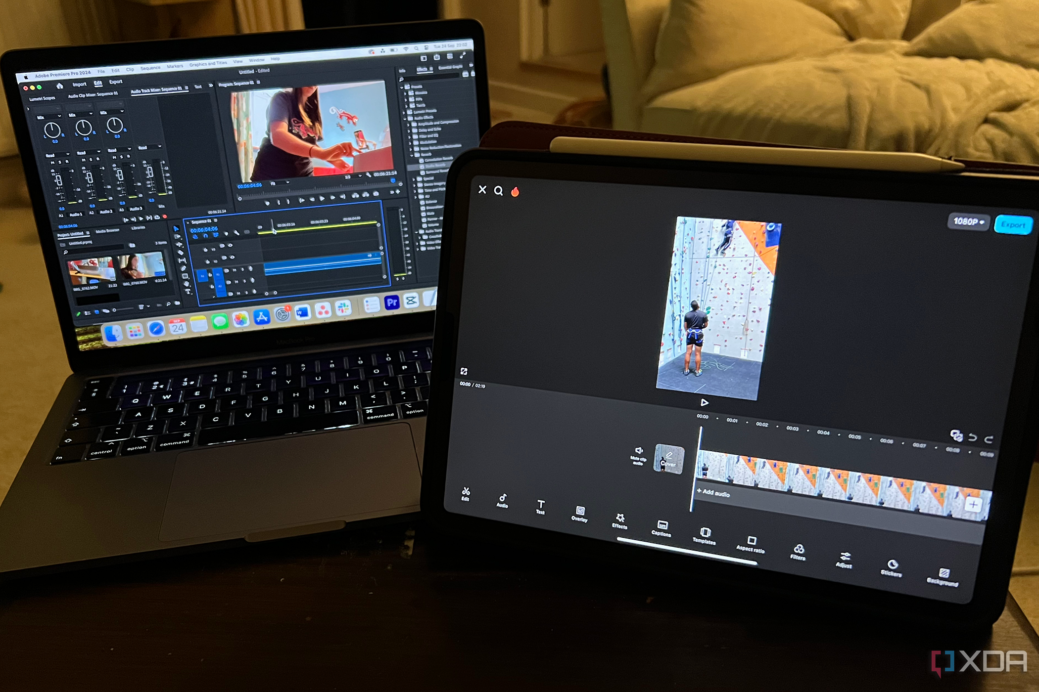 Premiere Pro en una MacBook con CapCut en un iPad al lado