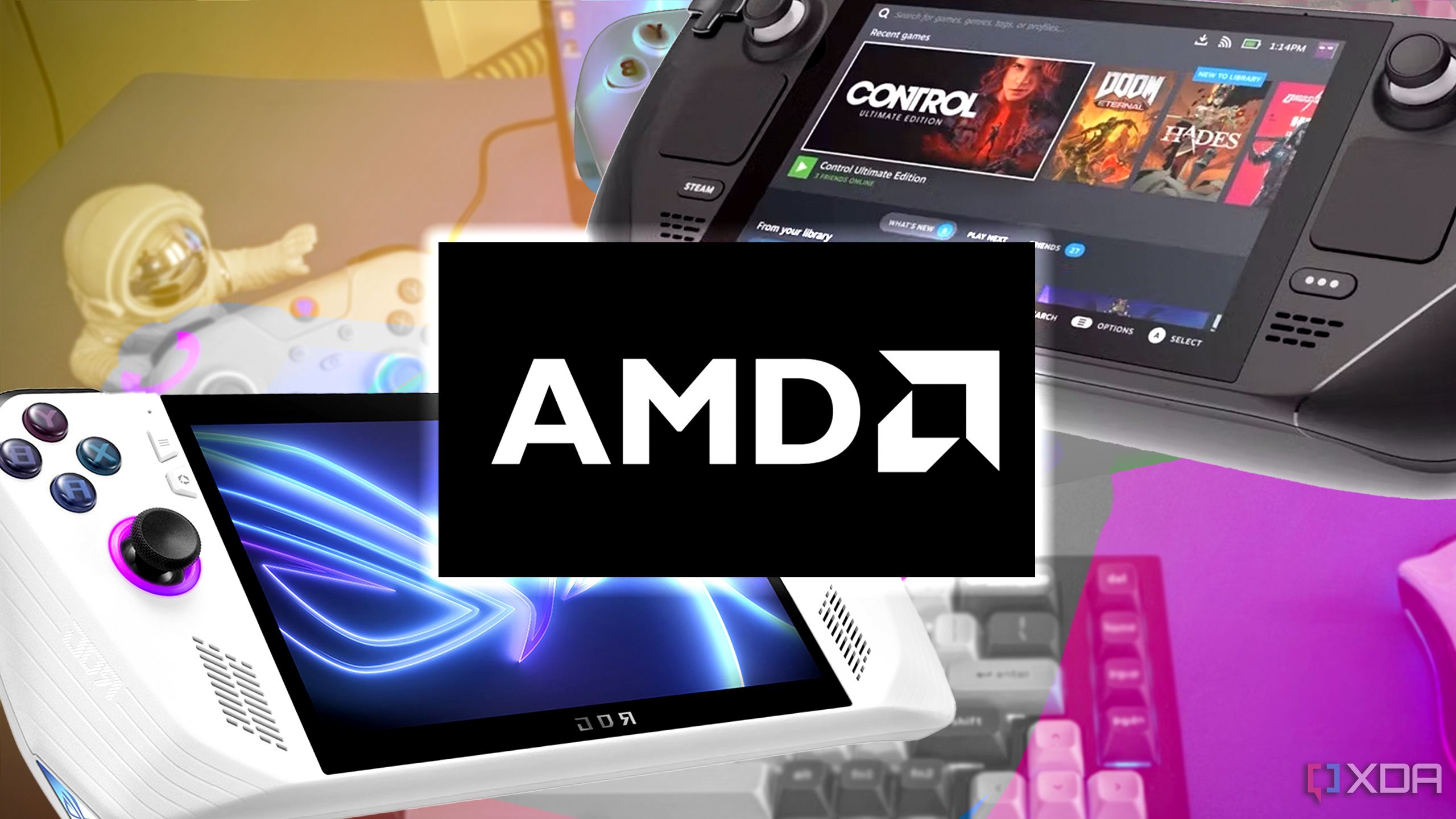 Logotipo de AMD sobre un collage de dispositivos portátiles y periféricos para juegos