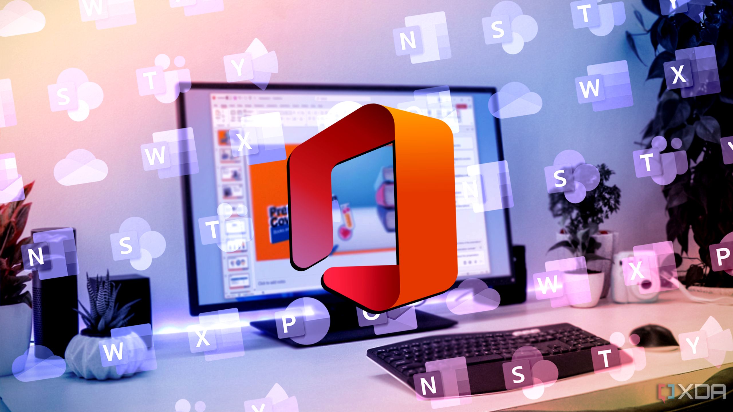 A Microsoft Office logo laid over a PC running PowerPoint and multiple icons for Office apps