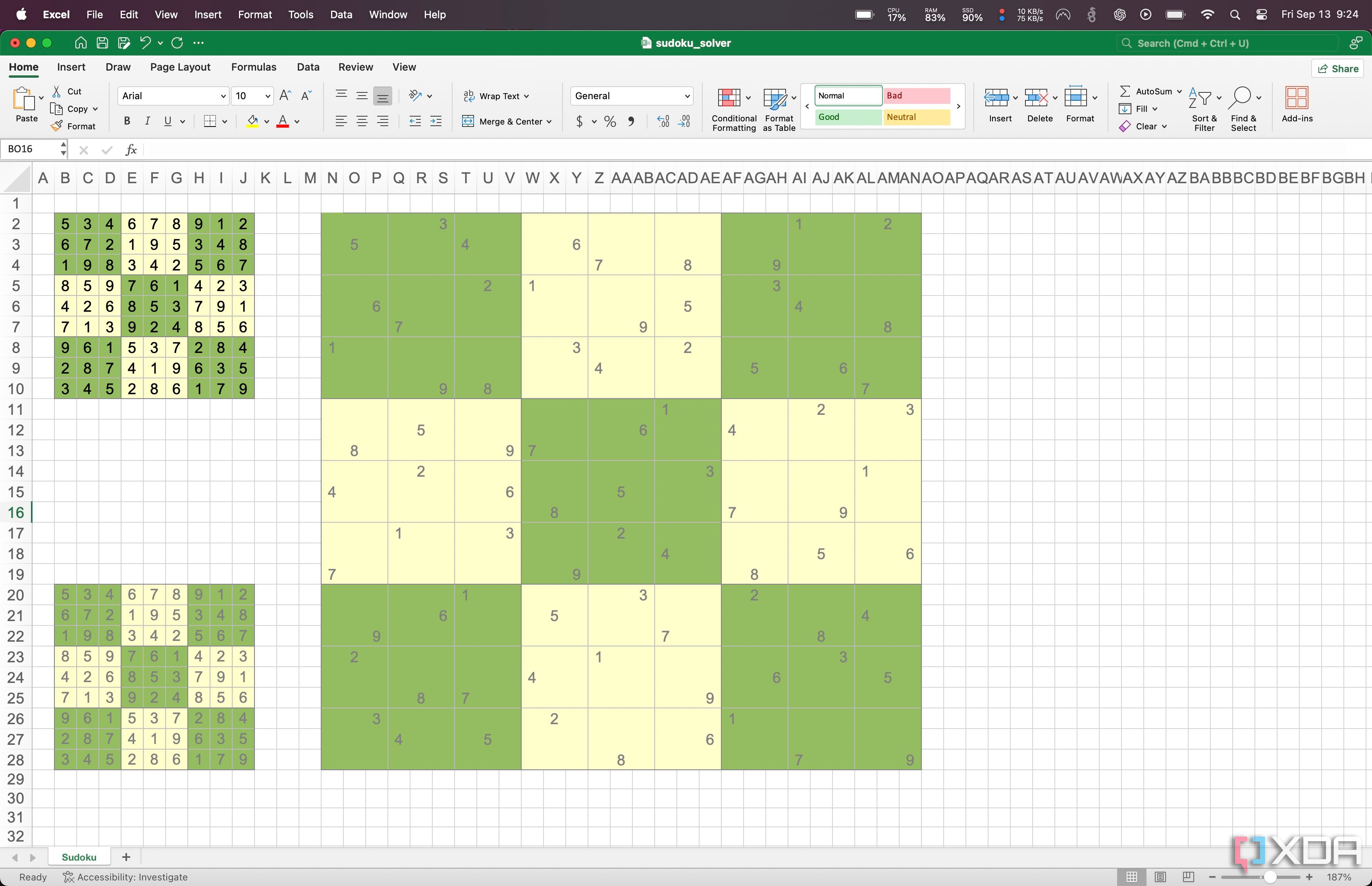 Solved Sudoko puzzle using Excel