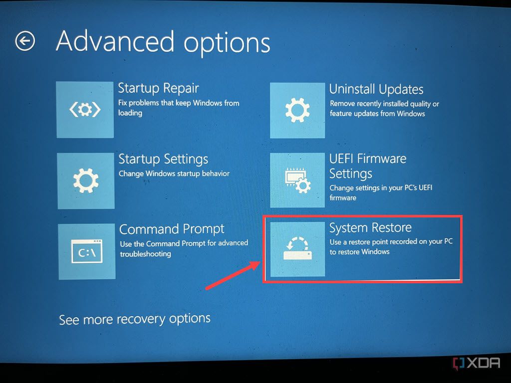 Captura de pantalla de la opción Restaurar sistema en las opciones avanzadas del modo de recuperación de Windows