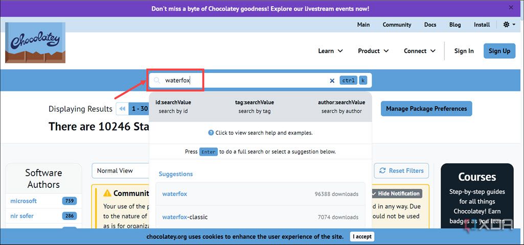 Buscando la aplicación Waterfox en la página de la comunidad Chocolatey