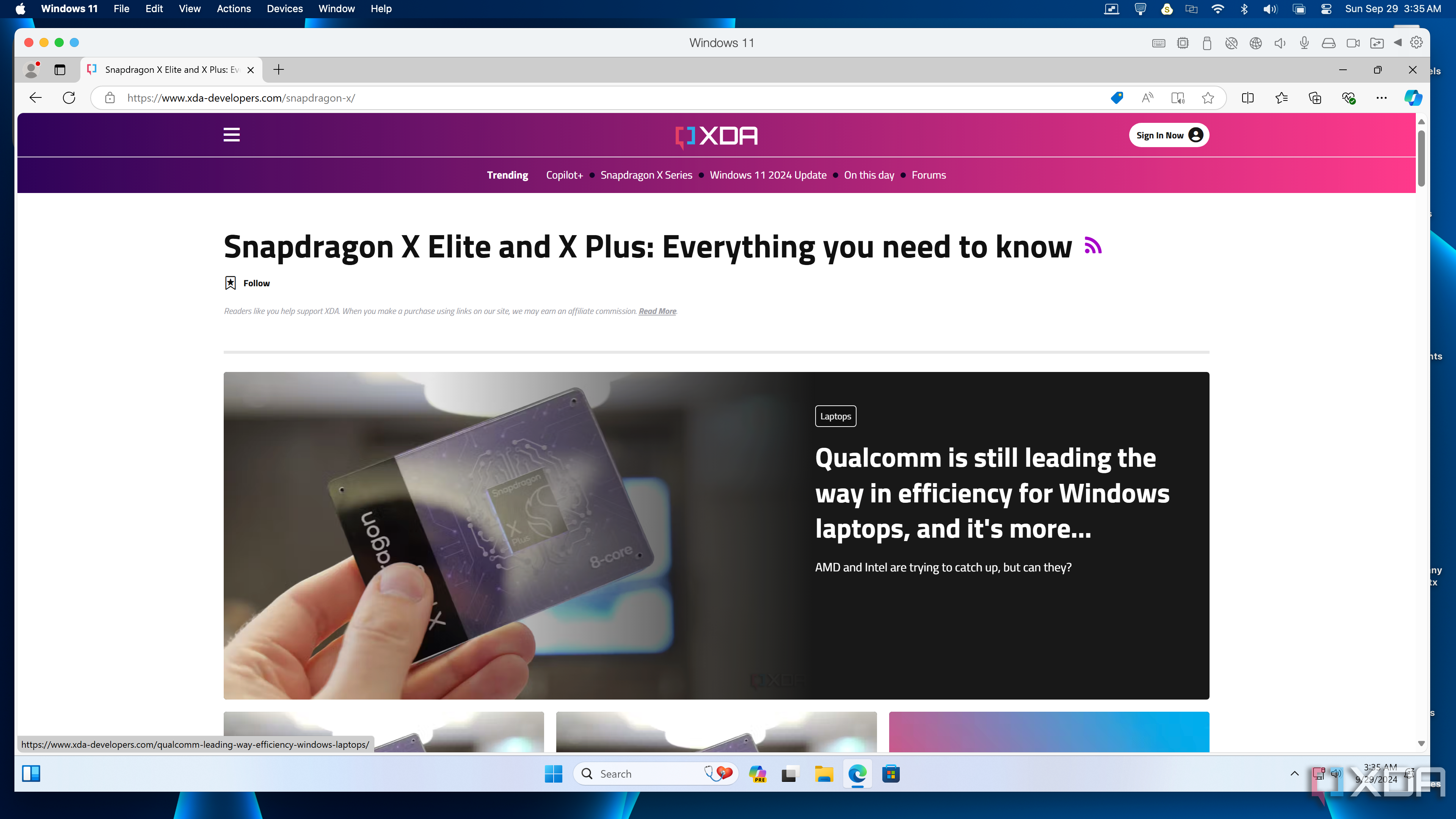 Windows 11 on Arm showing the XDA homepage.