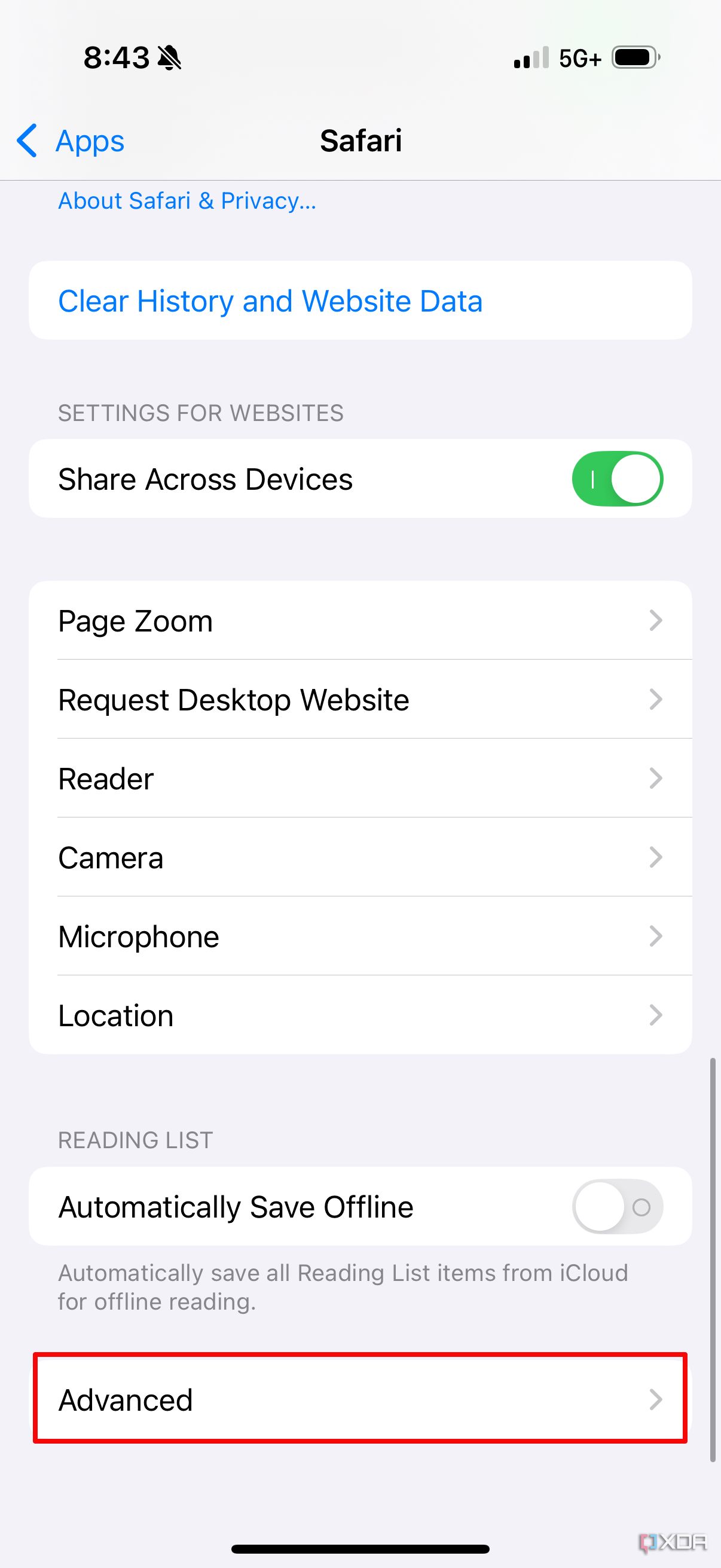 The Advanced tab in iOS 18.