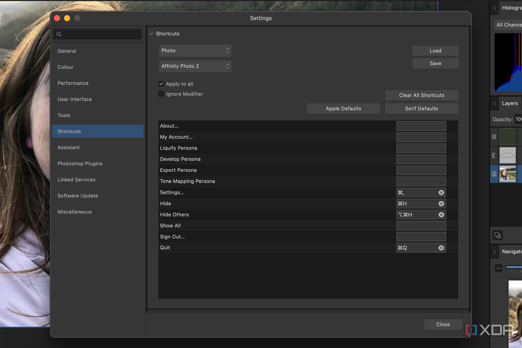 Affinity Photo shortcut settings