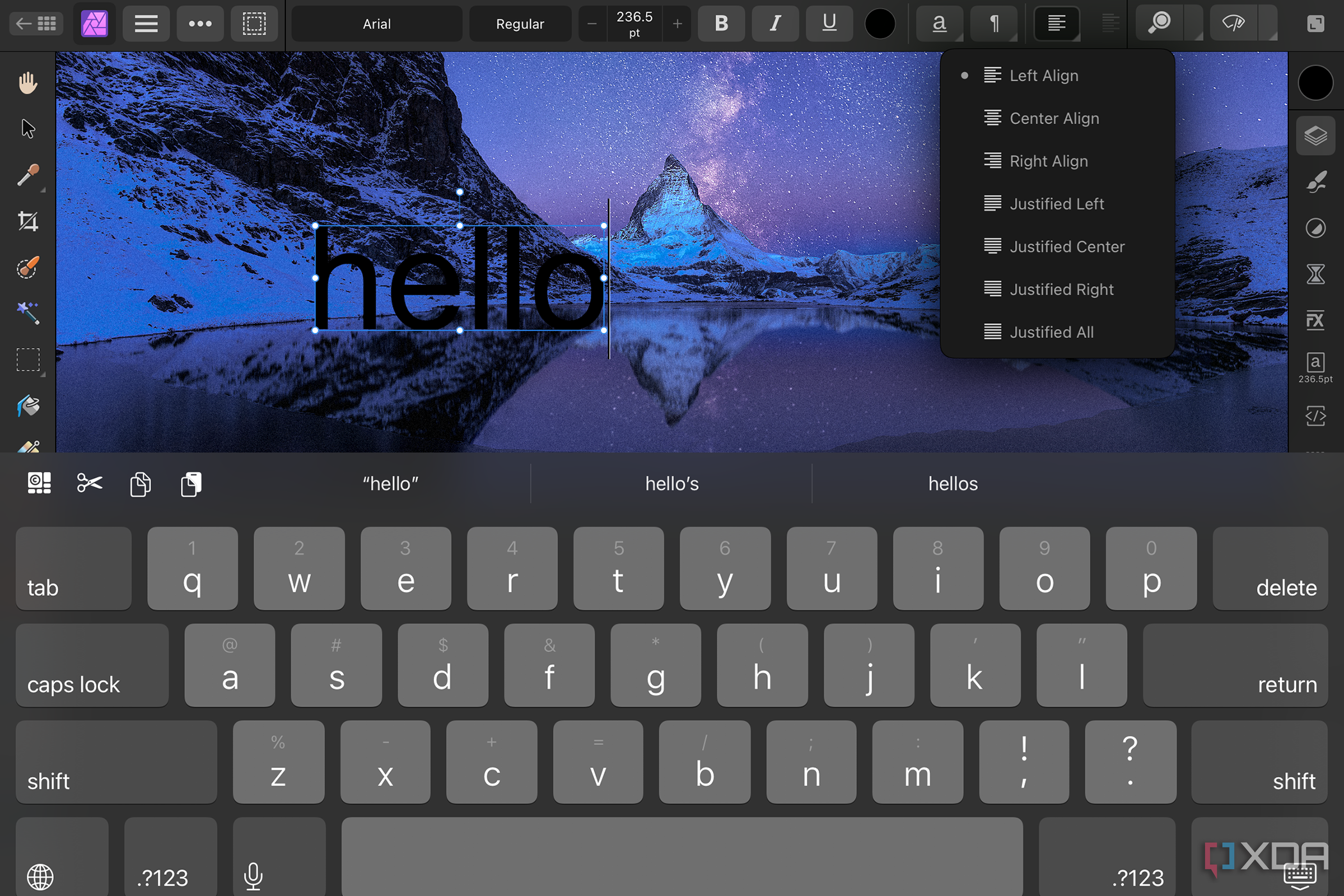 Affinity Photo 2 Text Tool on iPad