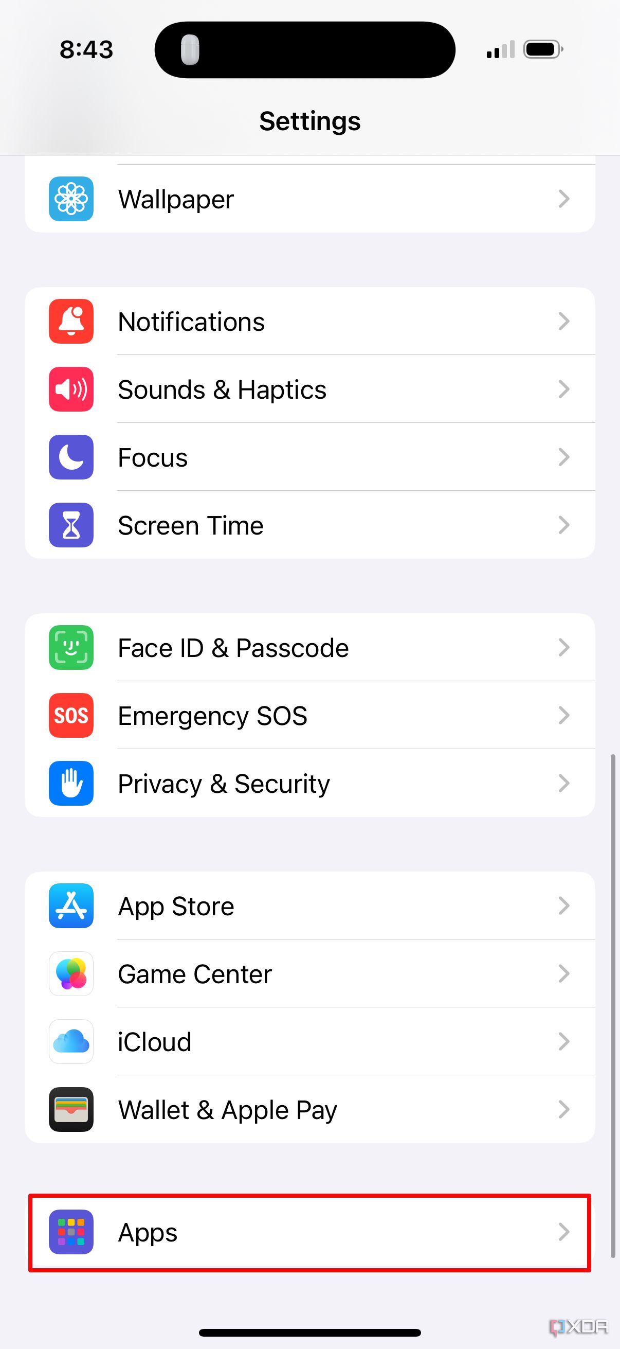 The Apps tab in the Settings menu on iOS 18.