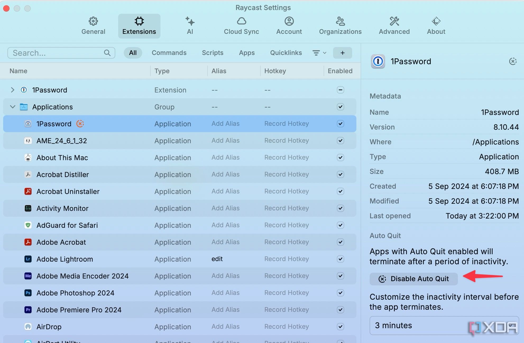 Salir automáticamente de aplicaciones en Raycast