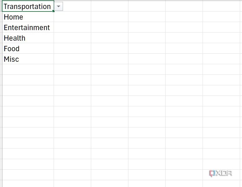 Budget categories in Excel