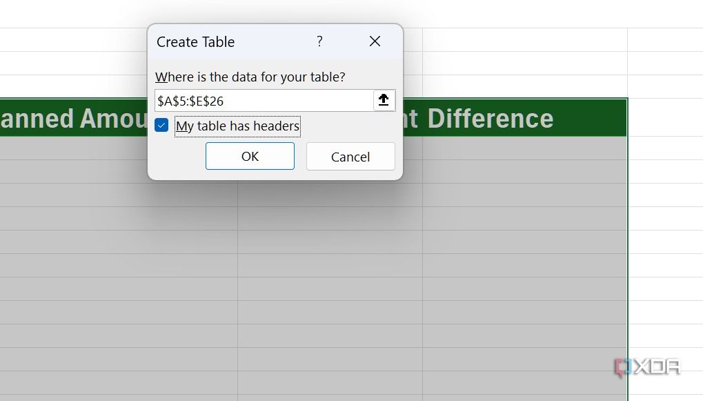 table has headers in Excel