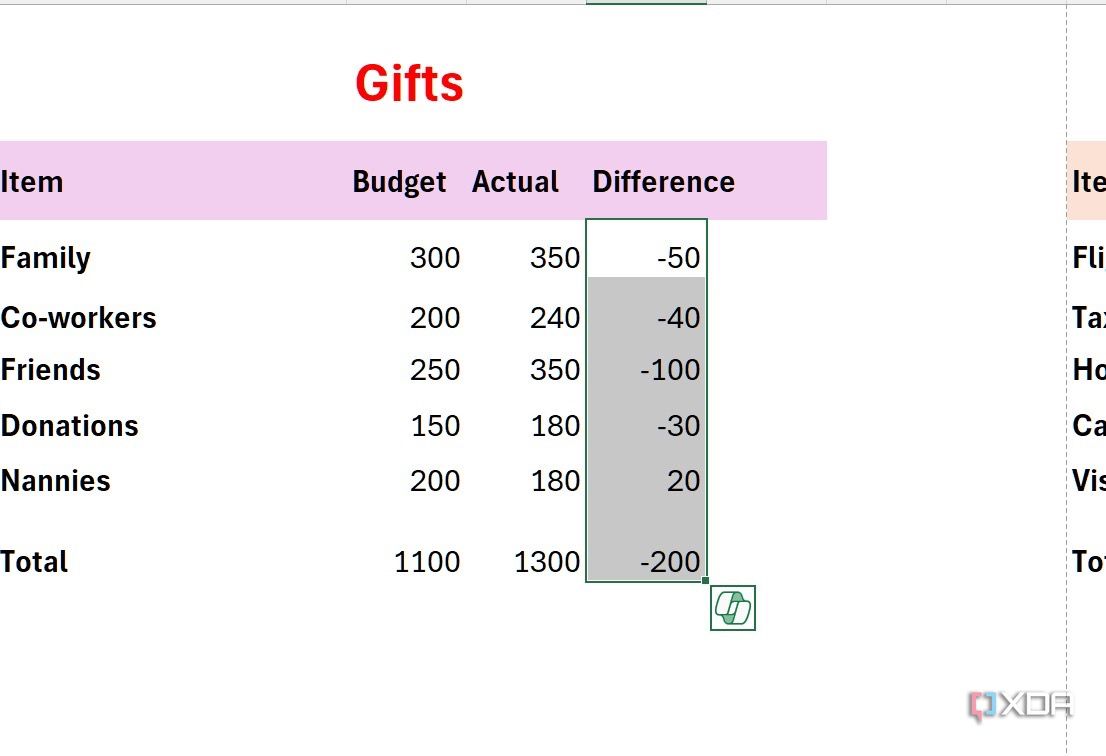 Check differences in Excel