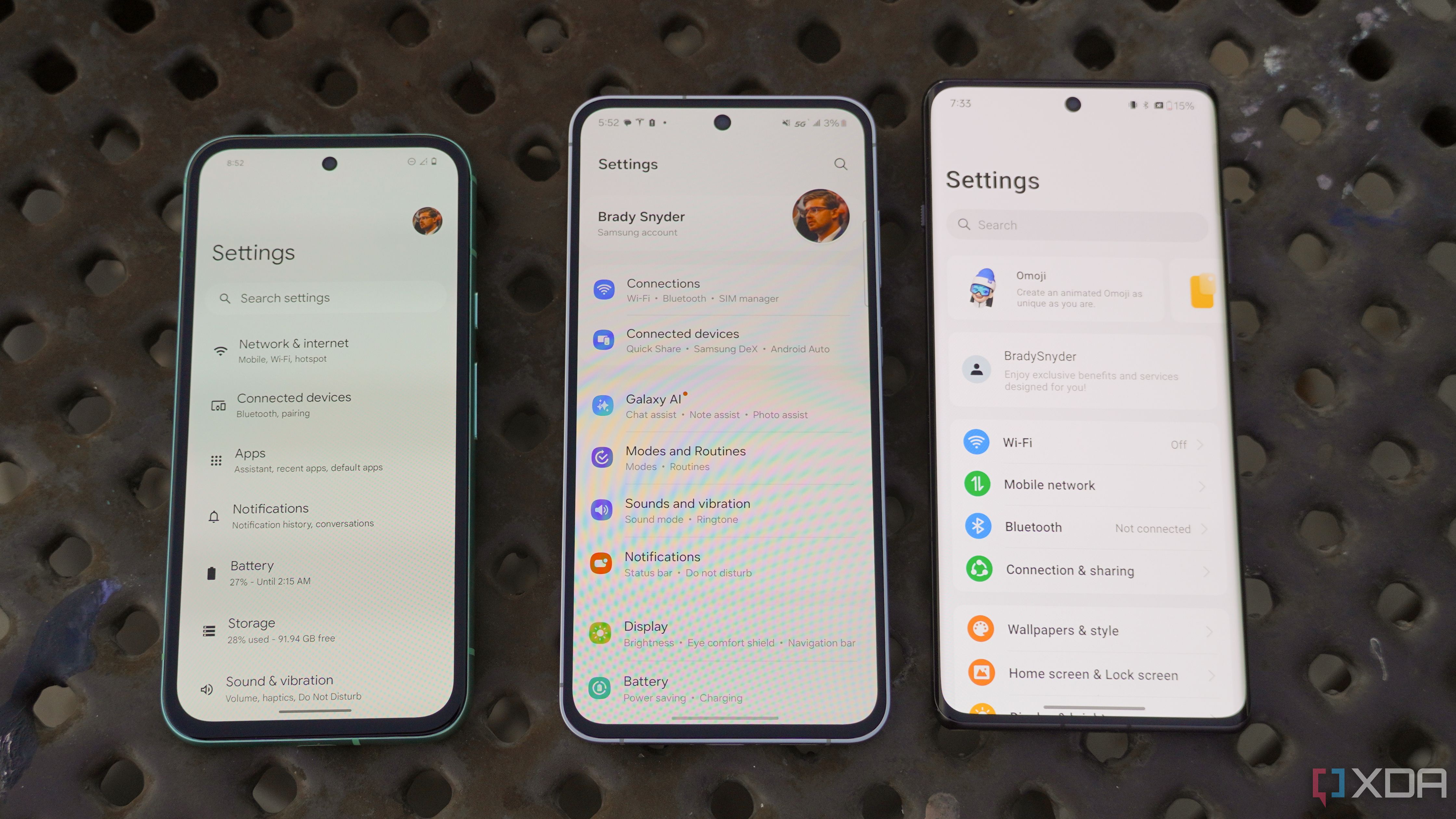 The settings pages for each of the phones in this comparison. 