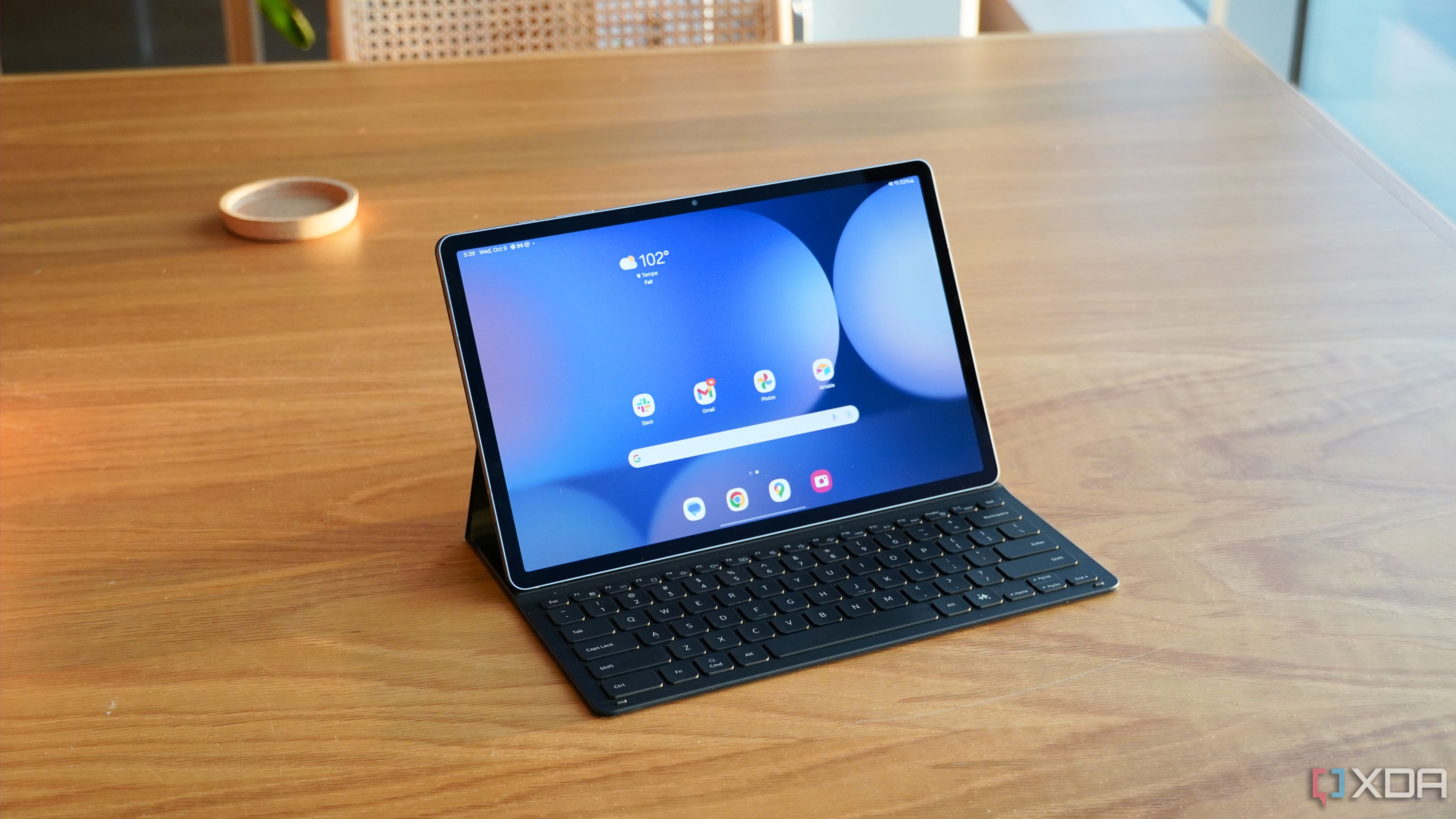 The Samsung Galaxy Tab S10+ with the screen on.