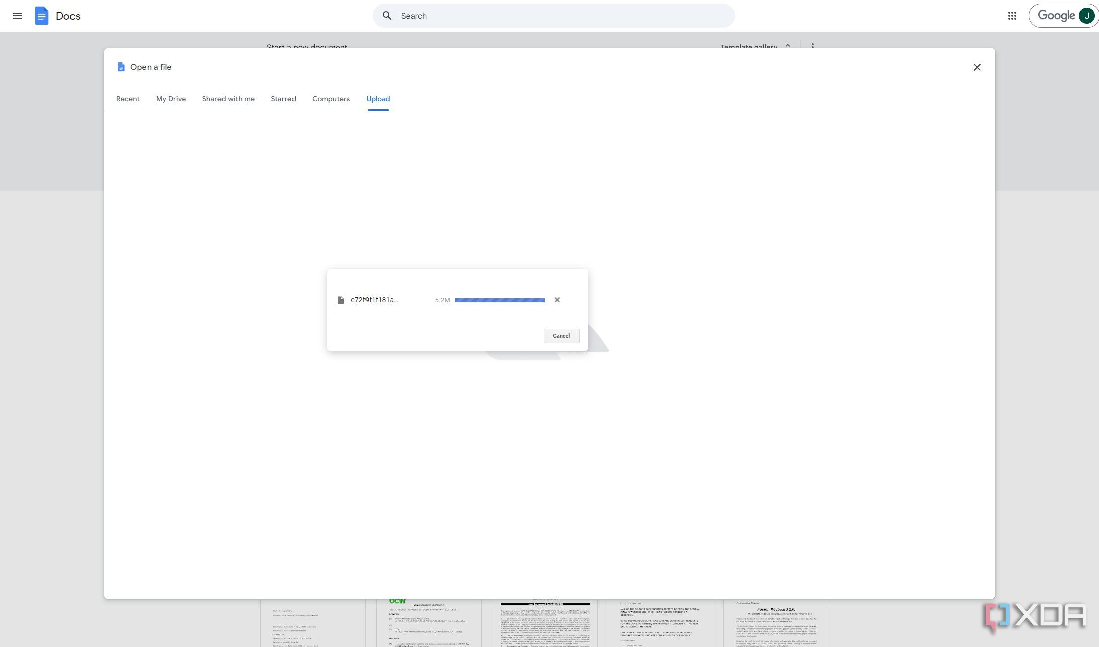 Screenshot of Google Docs trying to load a large document