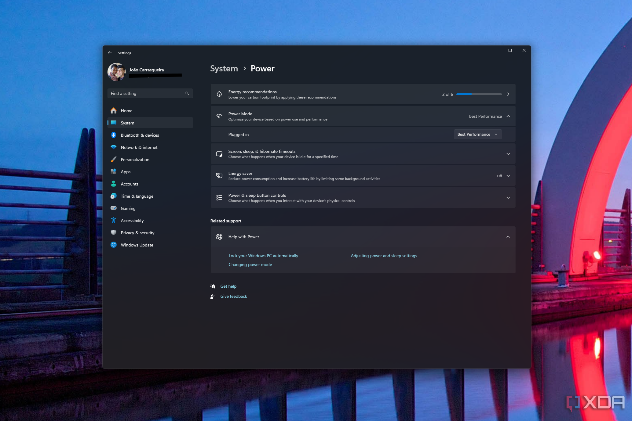 Captura de pantalla de la configuración de Windows 11 que muestra el modo de energía configurado en Mejor rendimiento