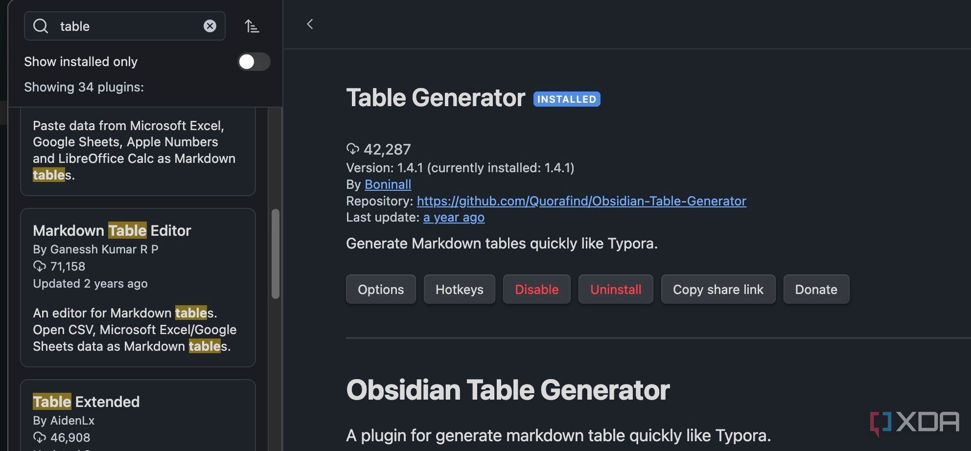 Instalar generador de tablas en Obsidian