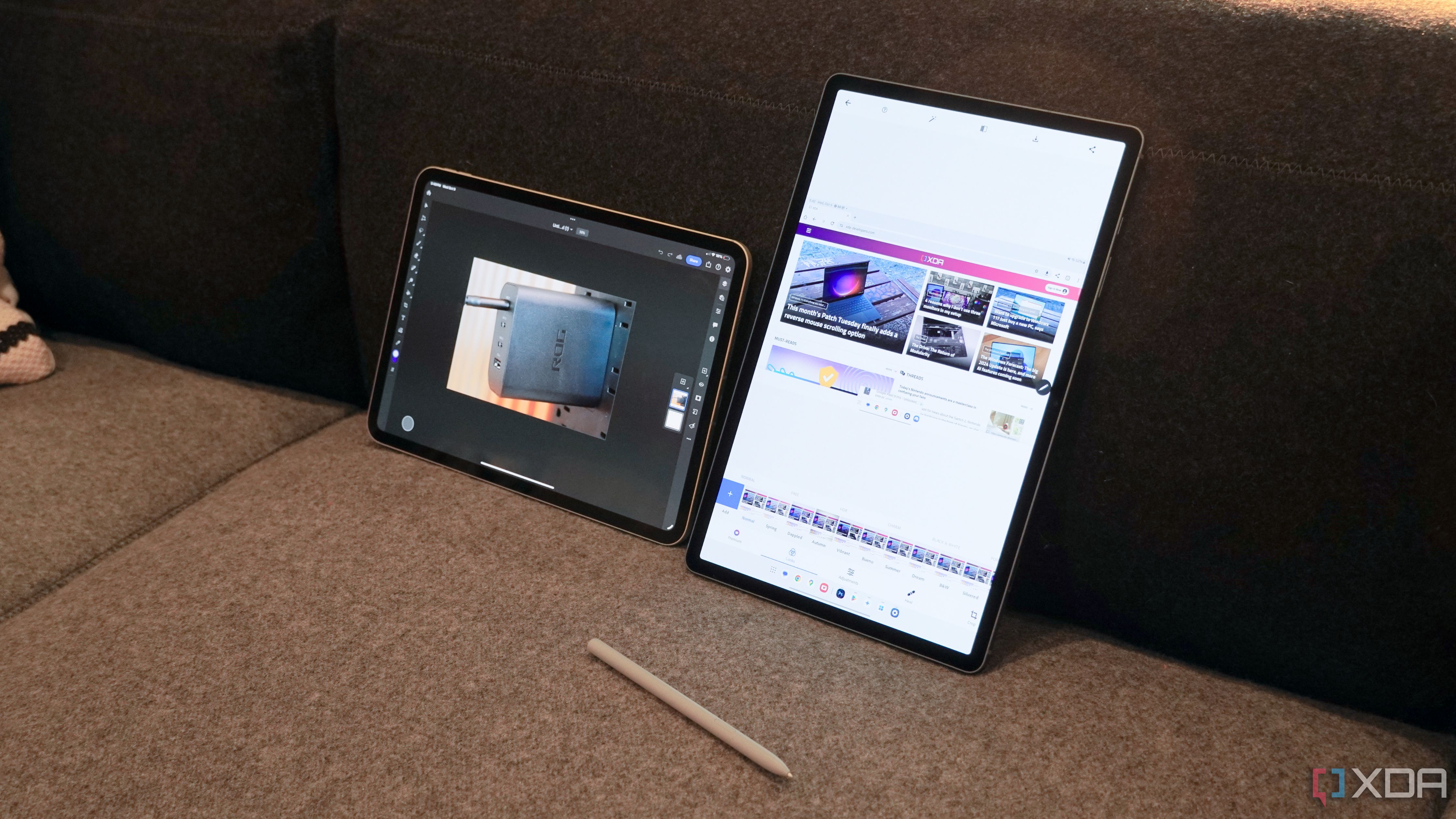 Photoshop running on an iPad Pro (left) vs Photoshop Express running on a Galaxy Tab S10+ (right).