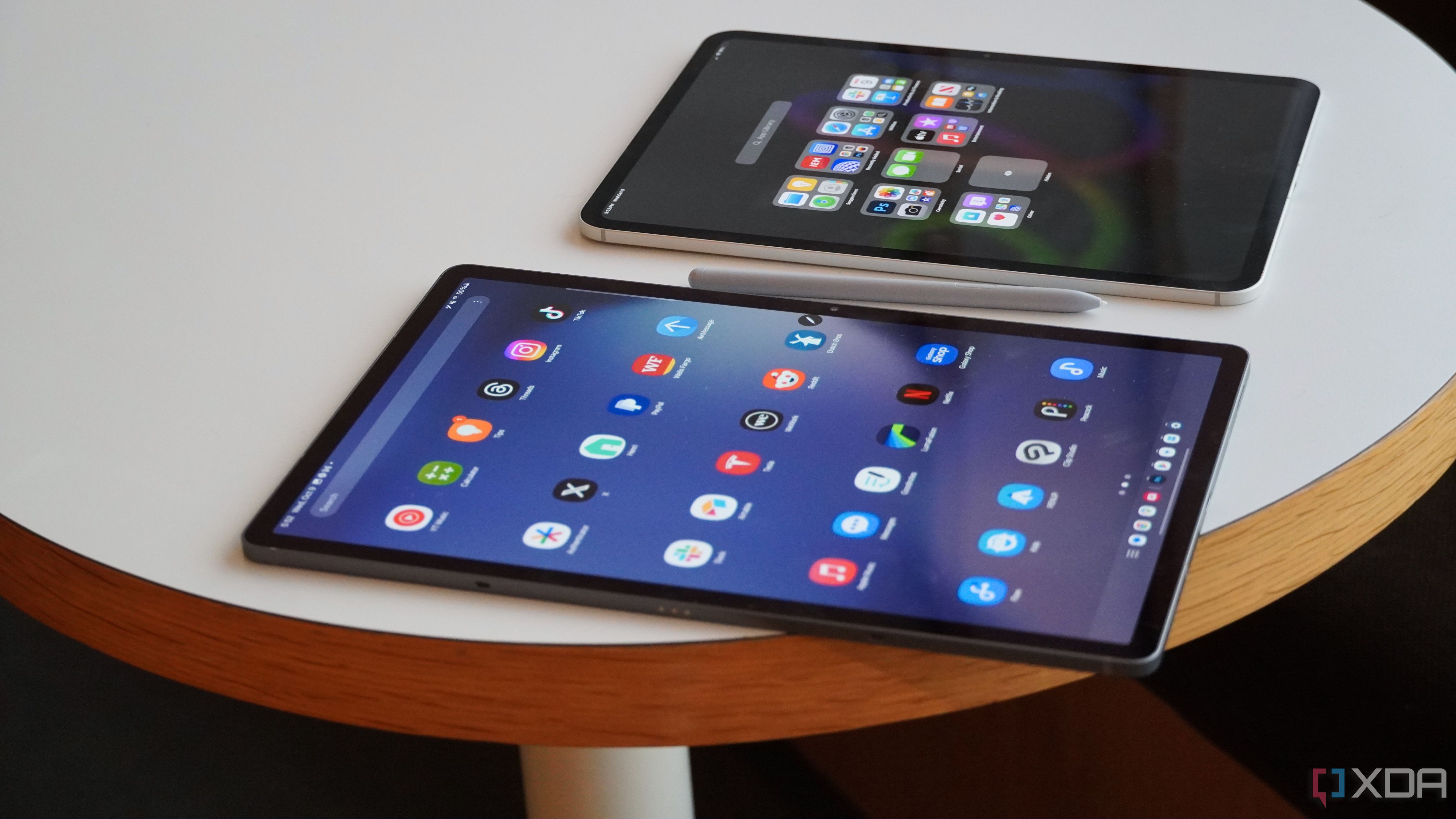 The app launchers for the Galaxy Tab S10+ and the iPad Pro.