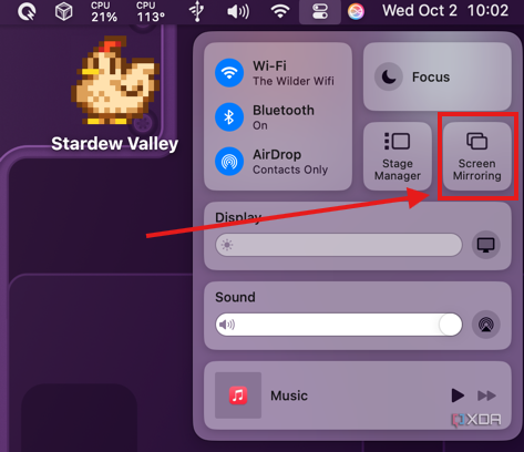 macOS Control center showing the screen mirroring option