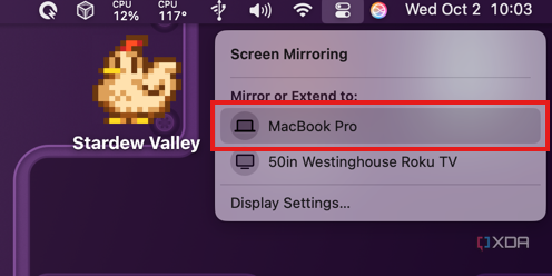 macOS Screen mirroring flyout showing a MacBook Pro as a display target