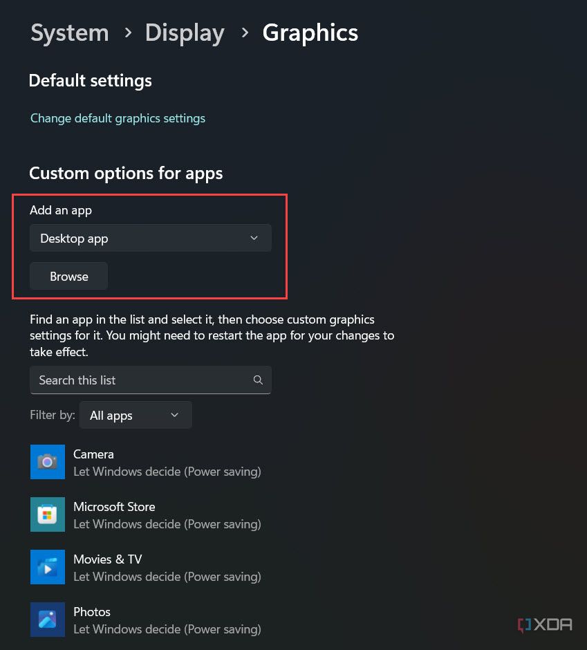 Opciones personalizadas de Windows para aplicaciones en Configuración gráfica