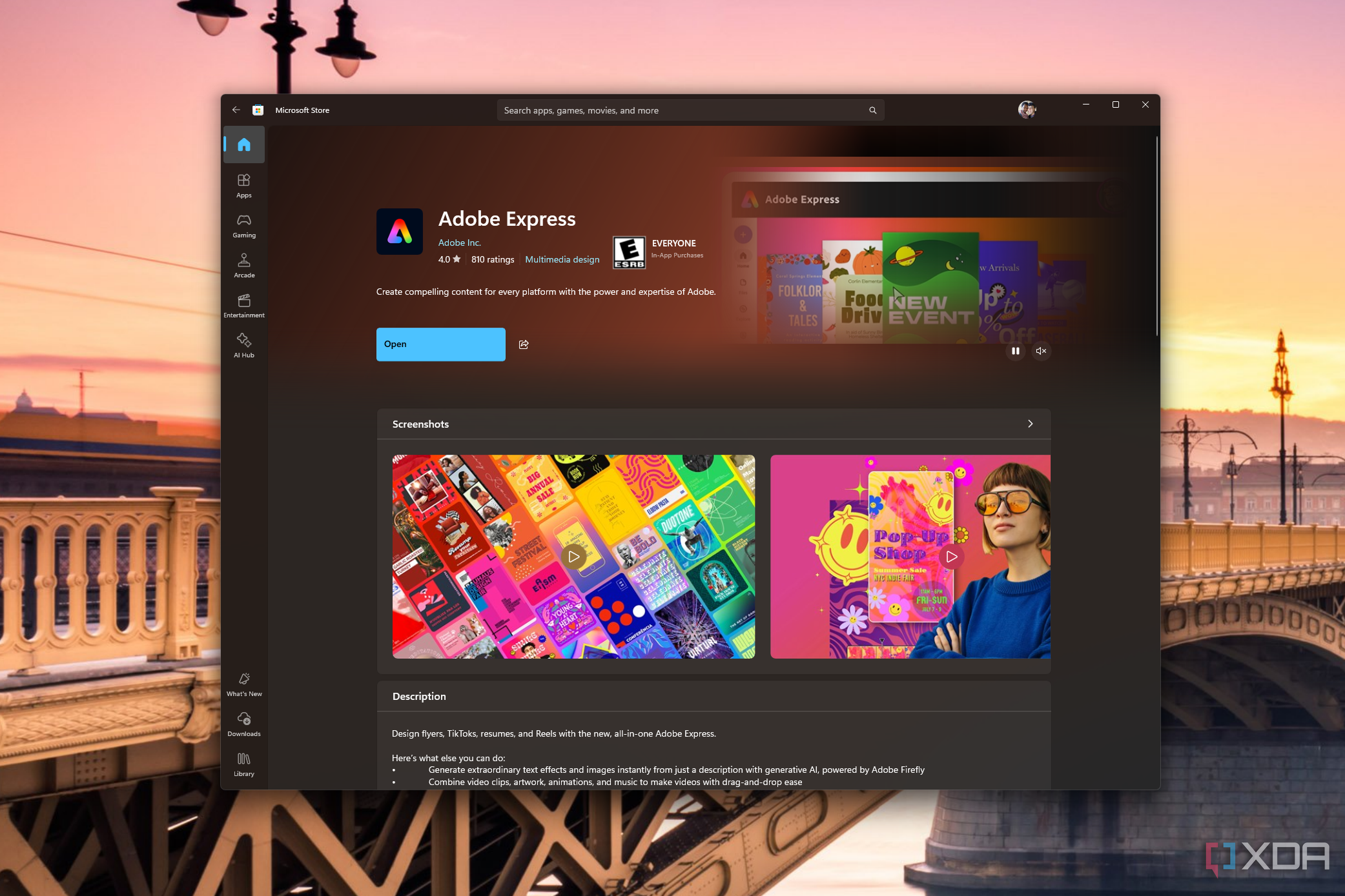 Captura de pantalla de la página de Adobe Express en Microsoft Store después de instalarlo a través de winget