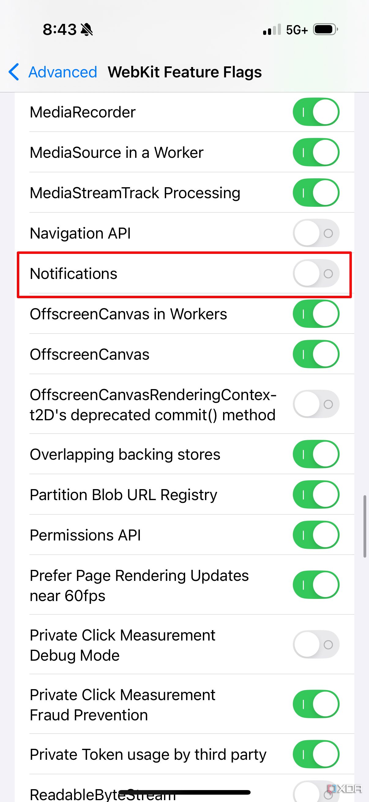 The Notifications flag toggle in Safari settings in iOS 18.