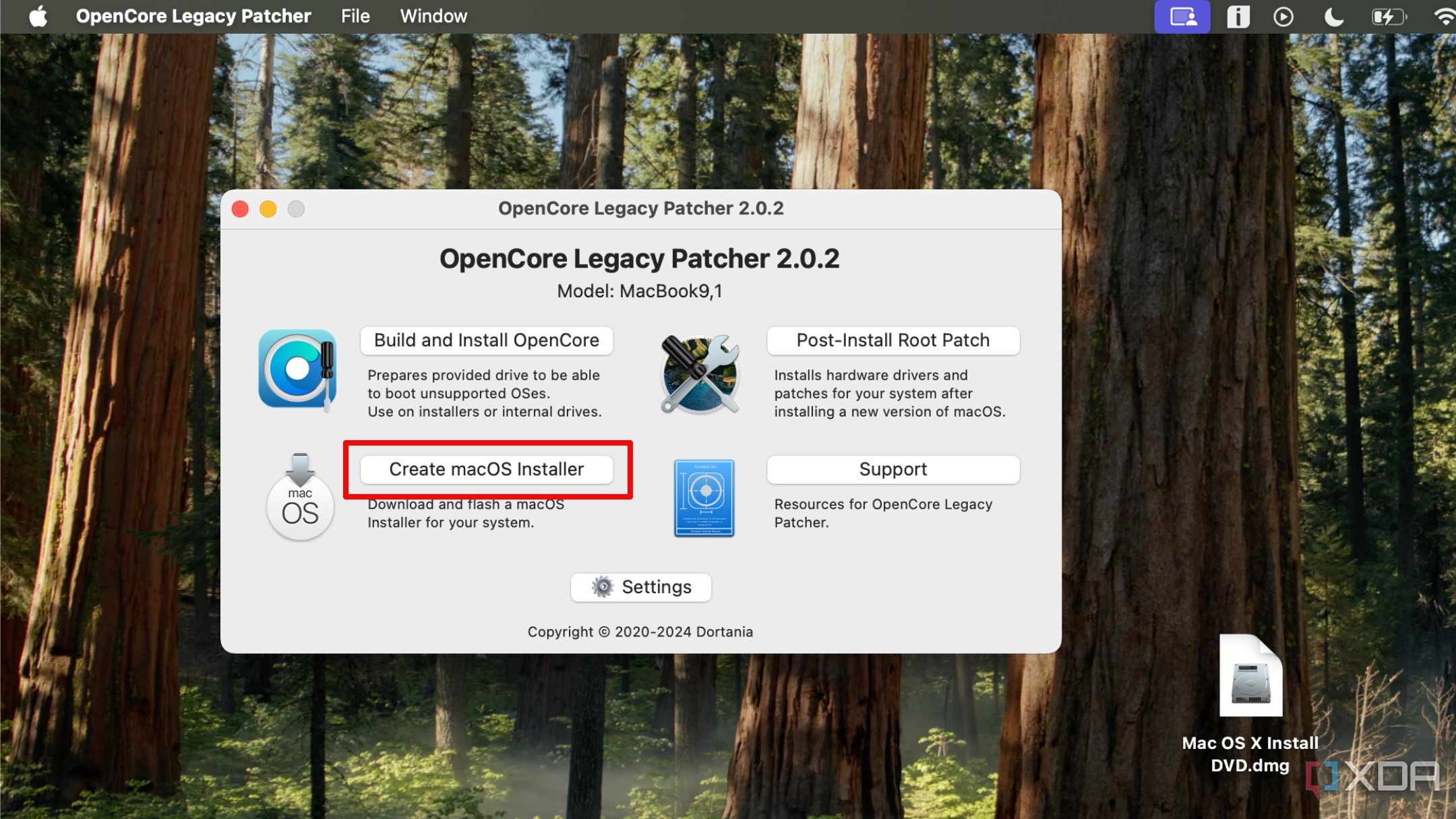 El botón Crear instalador de macOS en la aplicación OpenCore Legacy Patcher.