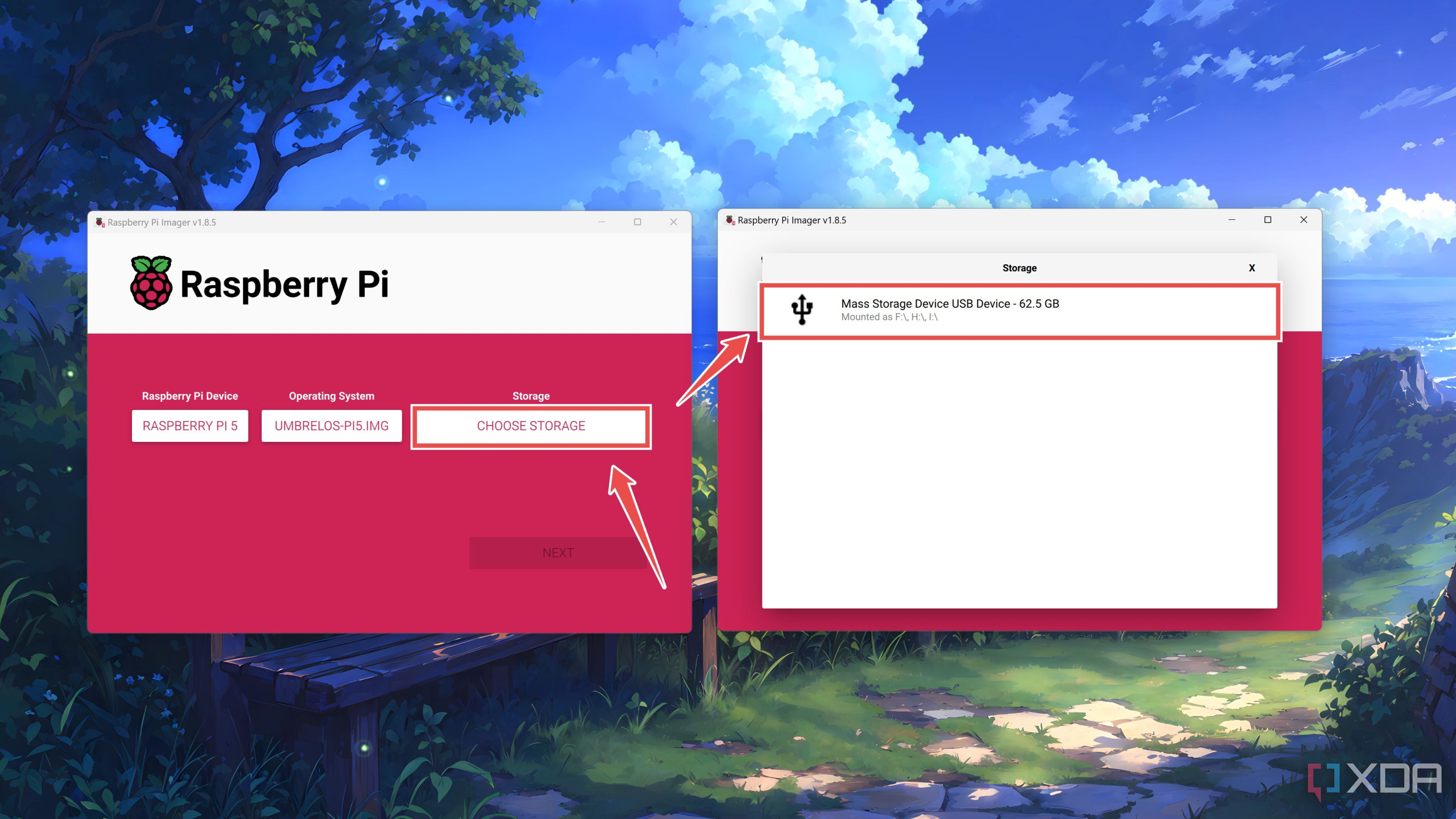 Selecting the microSD card inside the Raspberry Pi Imager