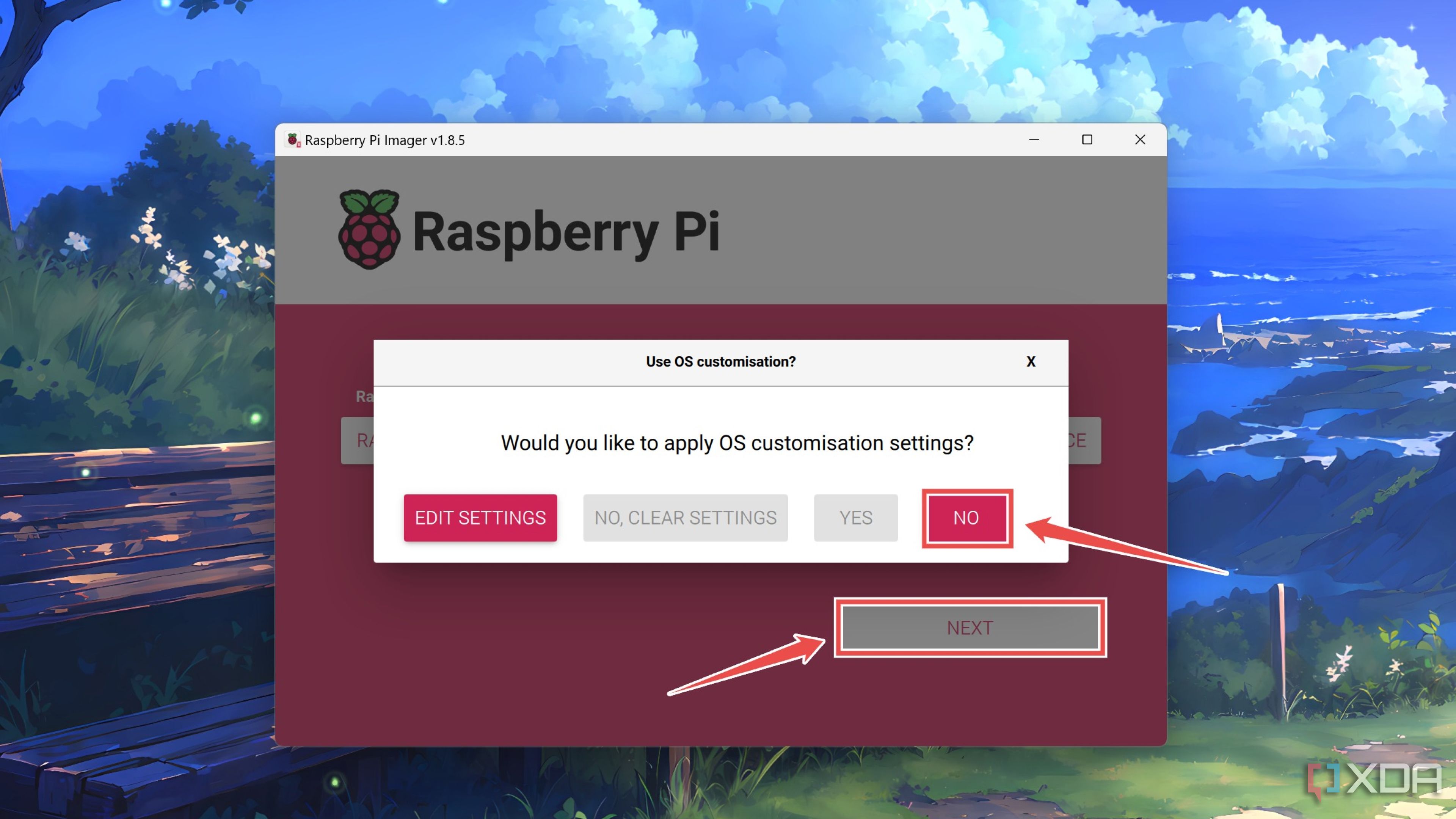Pressing No inside the Raspberry Pi Imager