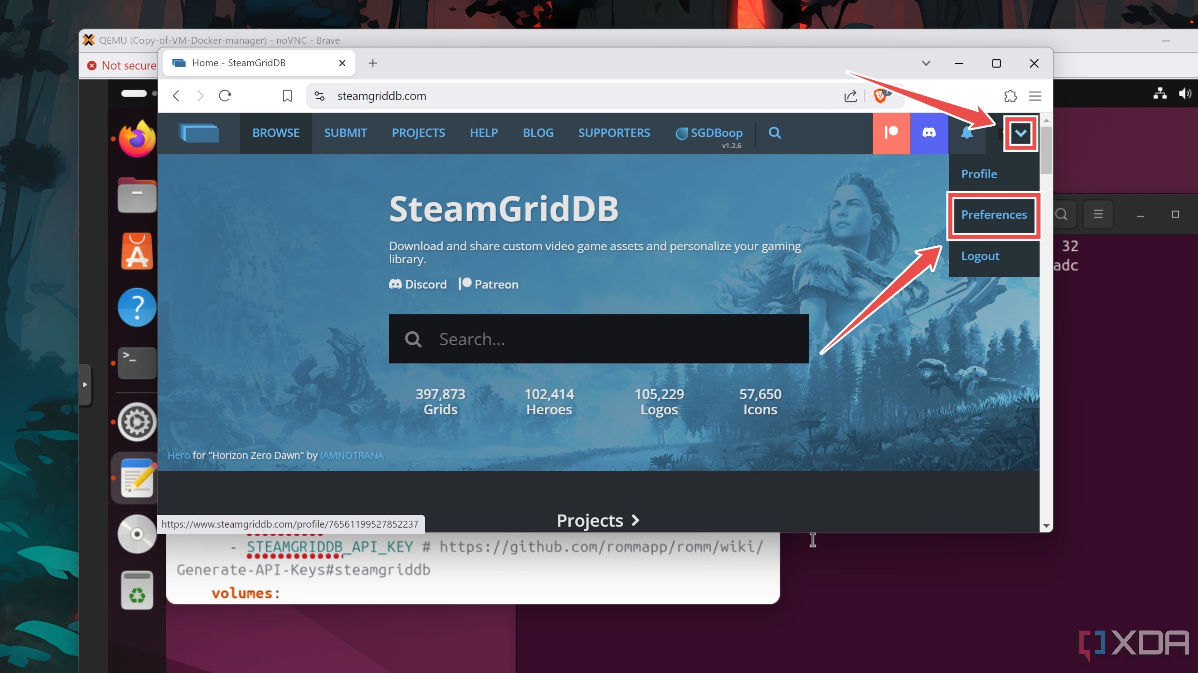 La opción de preferencias en la página SteamGridDB