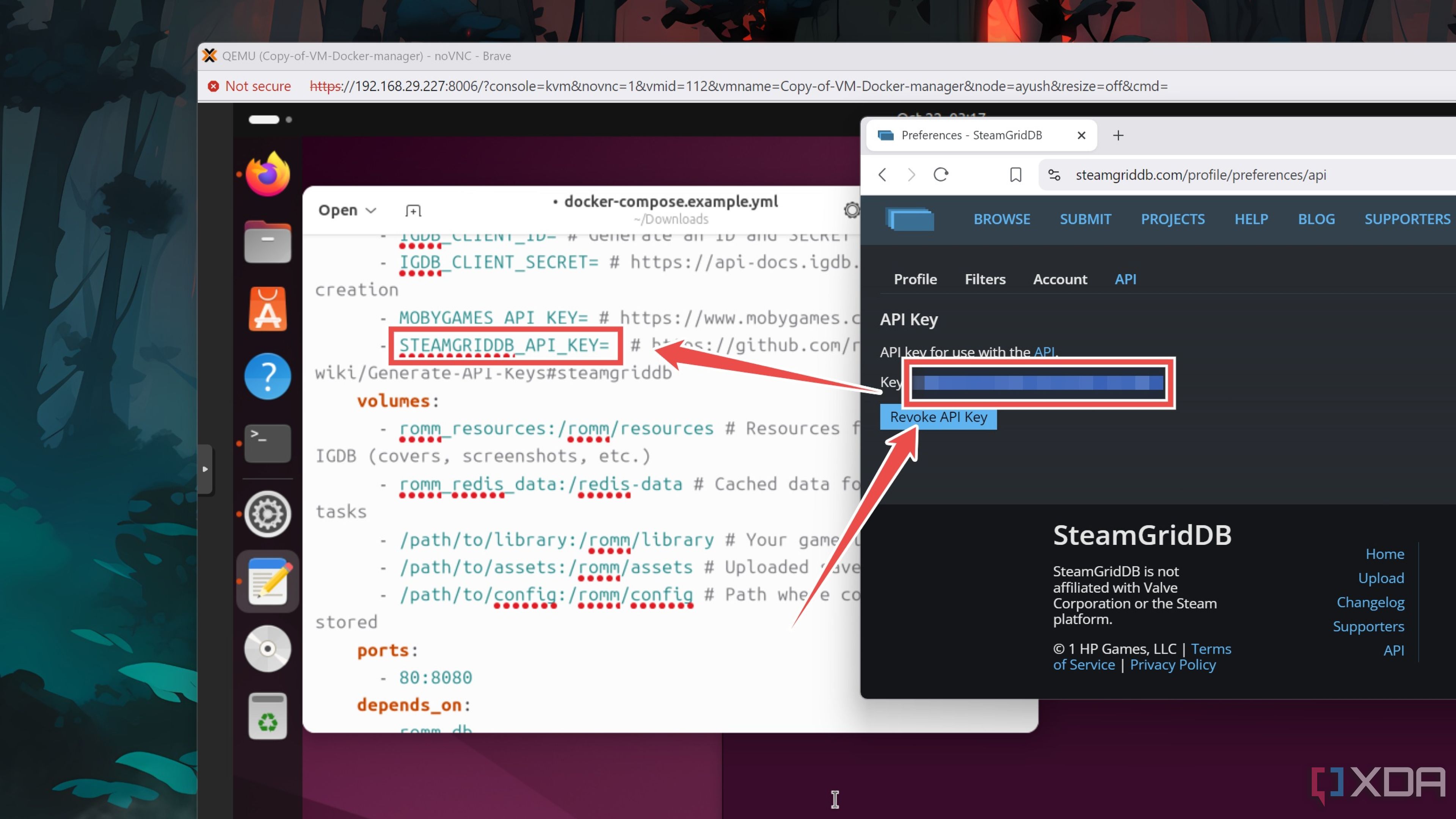 Copiar la clave API de SteamGridDB al archivo yml de Docker Compose