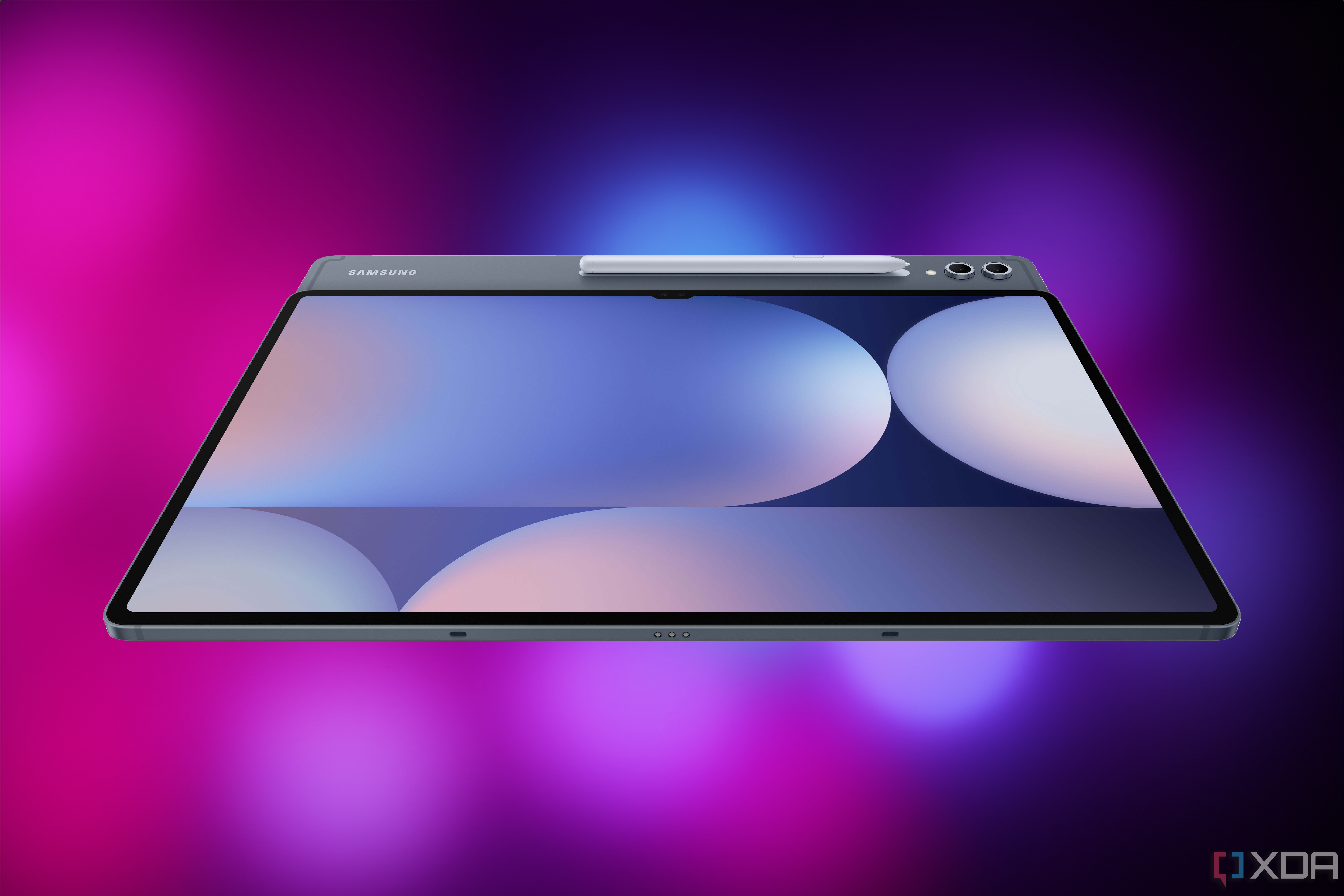 Samsung Galaxy Tab S10 Ultra sobre un fondo oscuro con luces rosas y azules