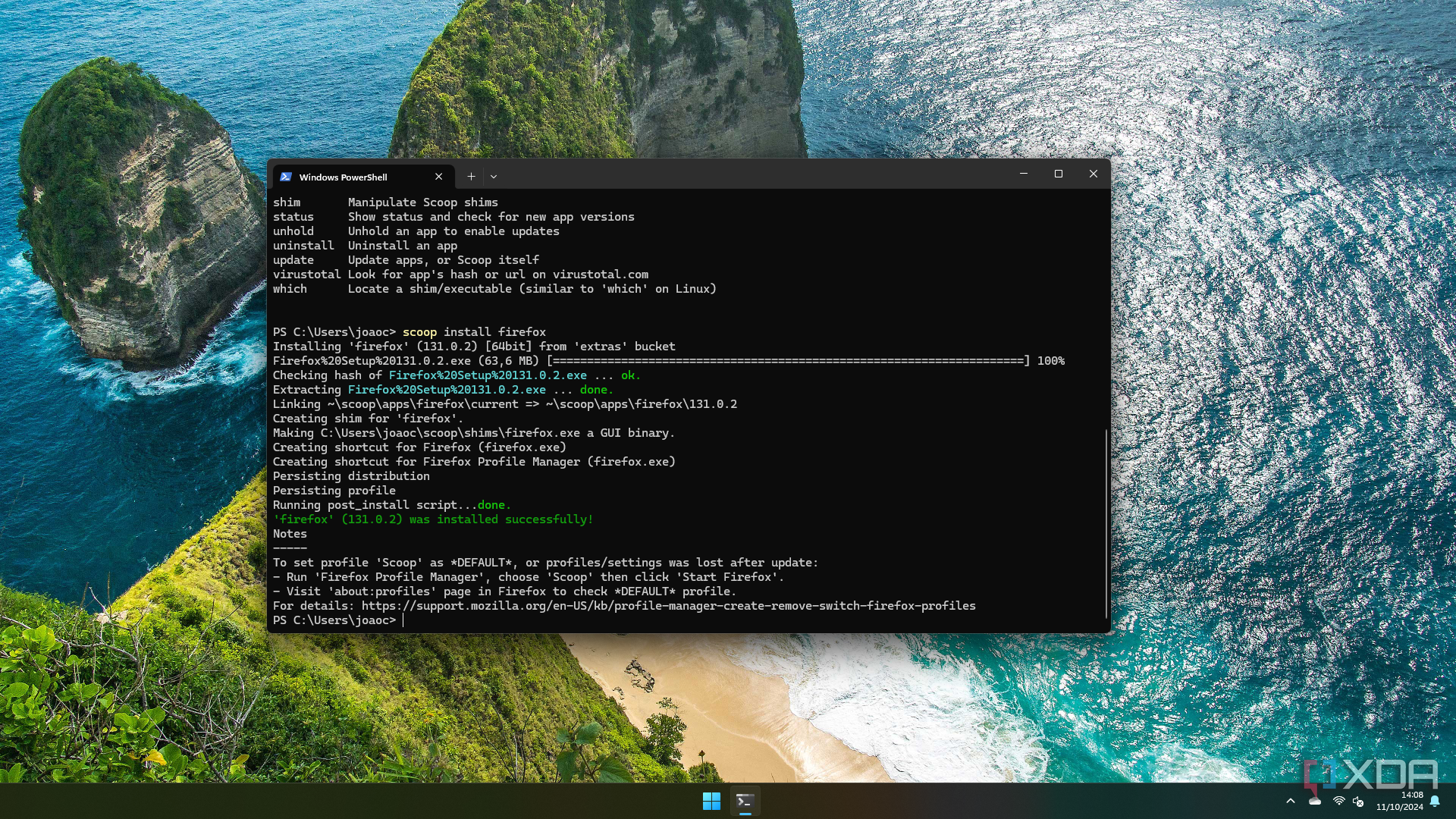 Screenshot of Windows Terminal after installing an app with the Scoop package manager