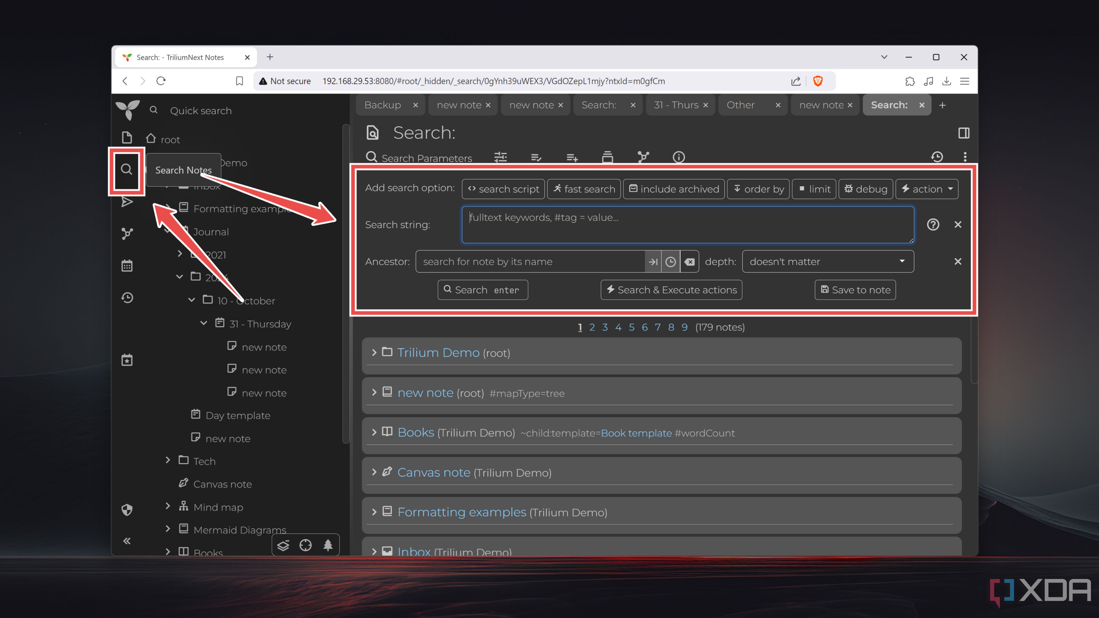 Las opciones de búsqueda en TriliumNext