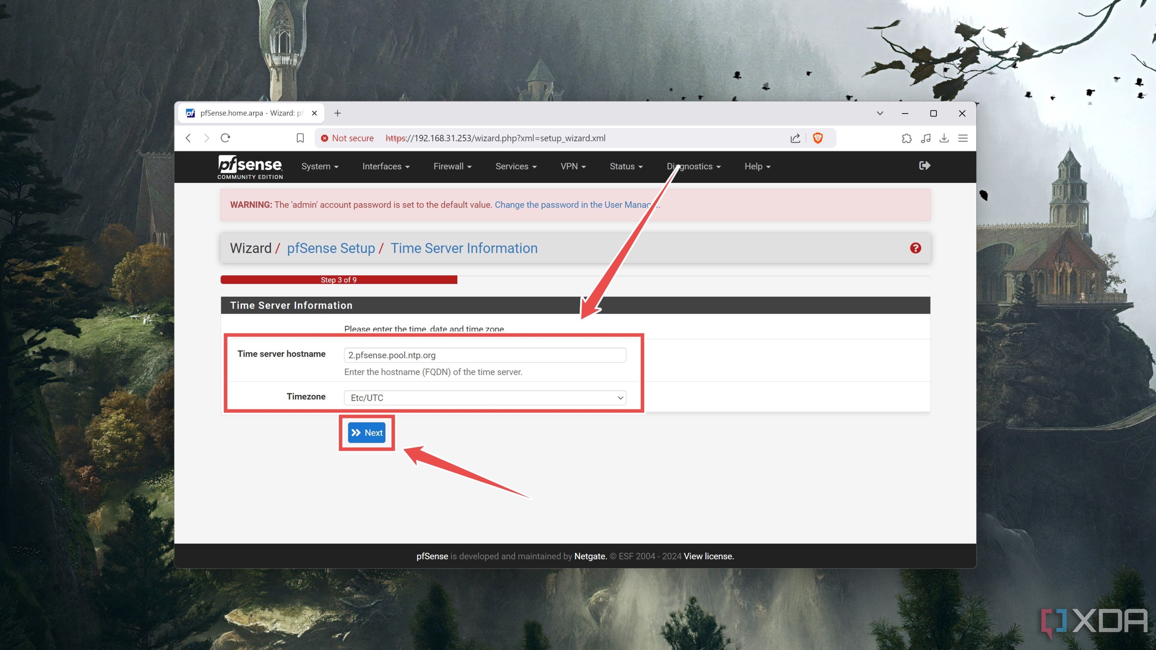 La configuración del servidor de tiempo en la interfaz web de pfSense