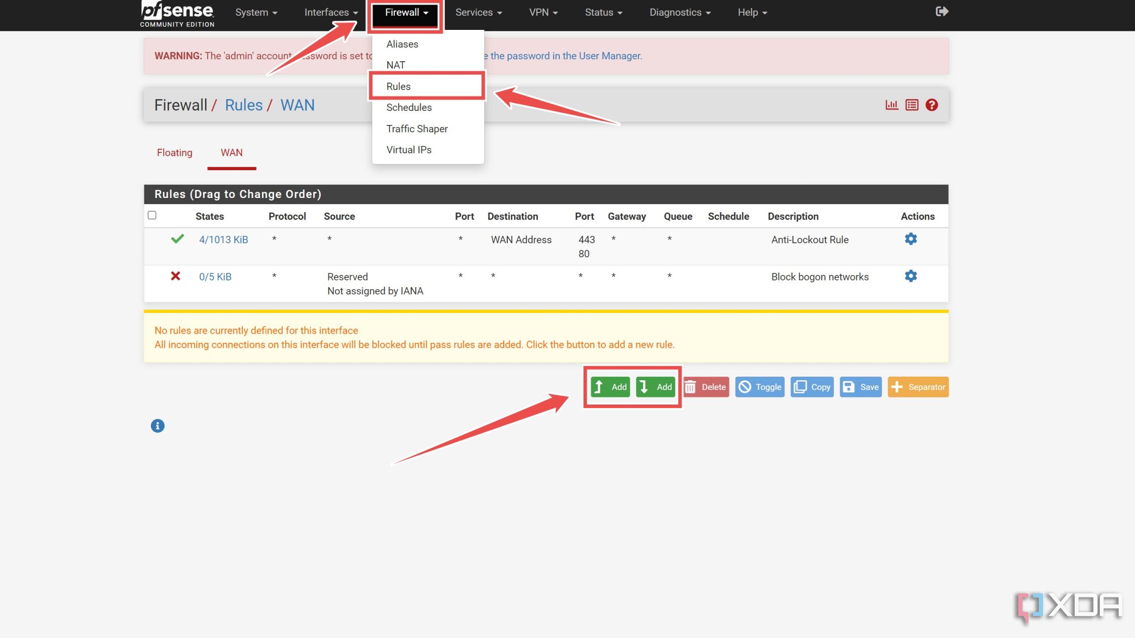 La pestaña de firewall en la interfaz web de pfSense