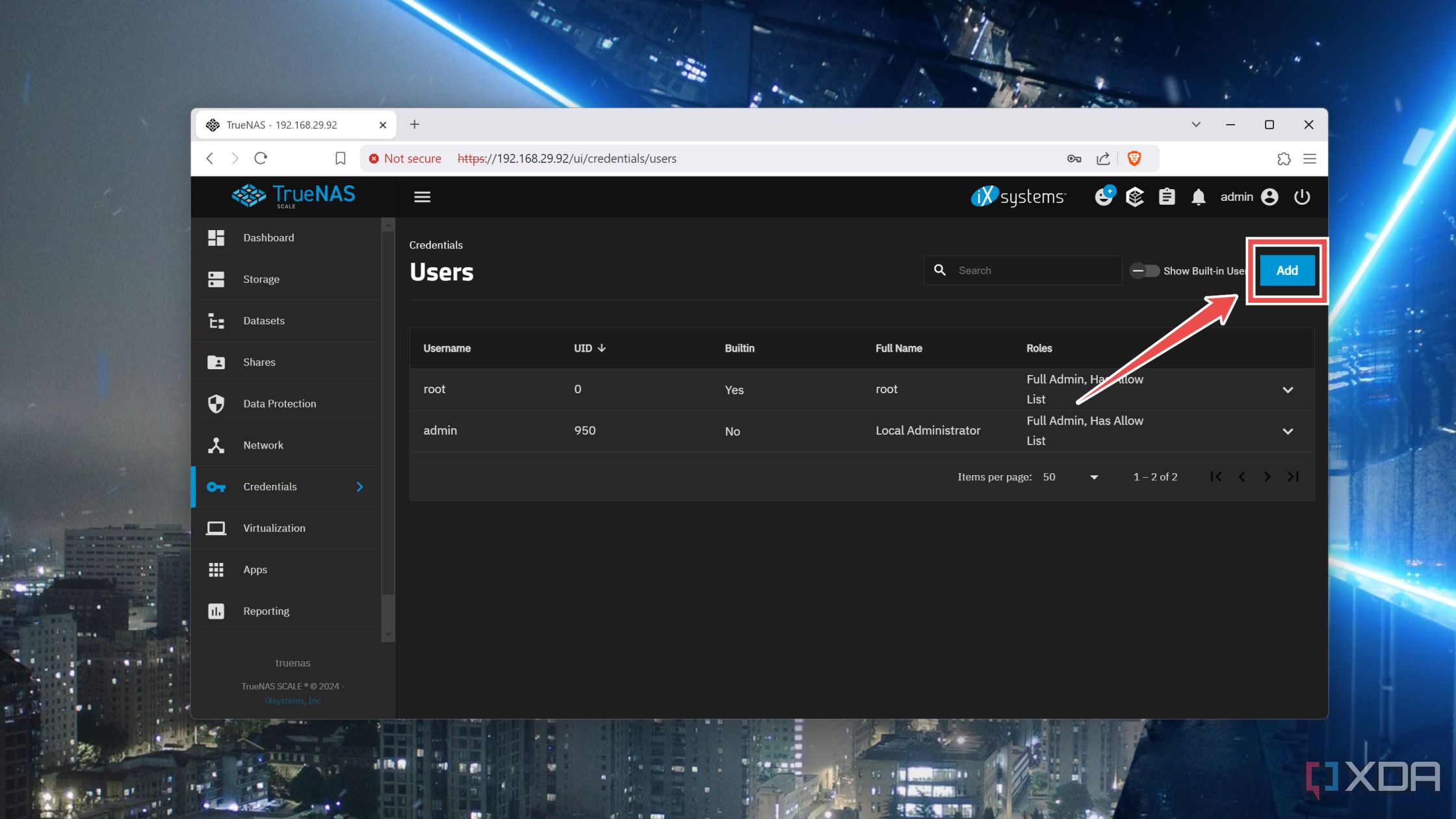 Presionando el botón Agregar en la interfaz web de TrueNAS Scale