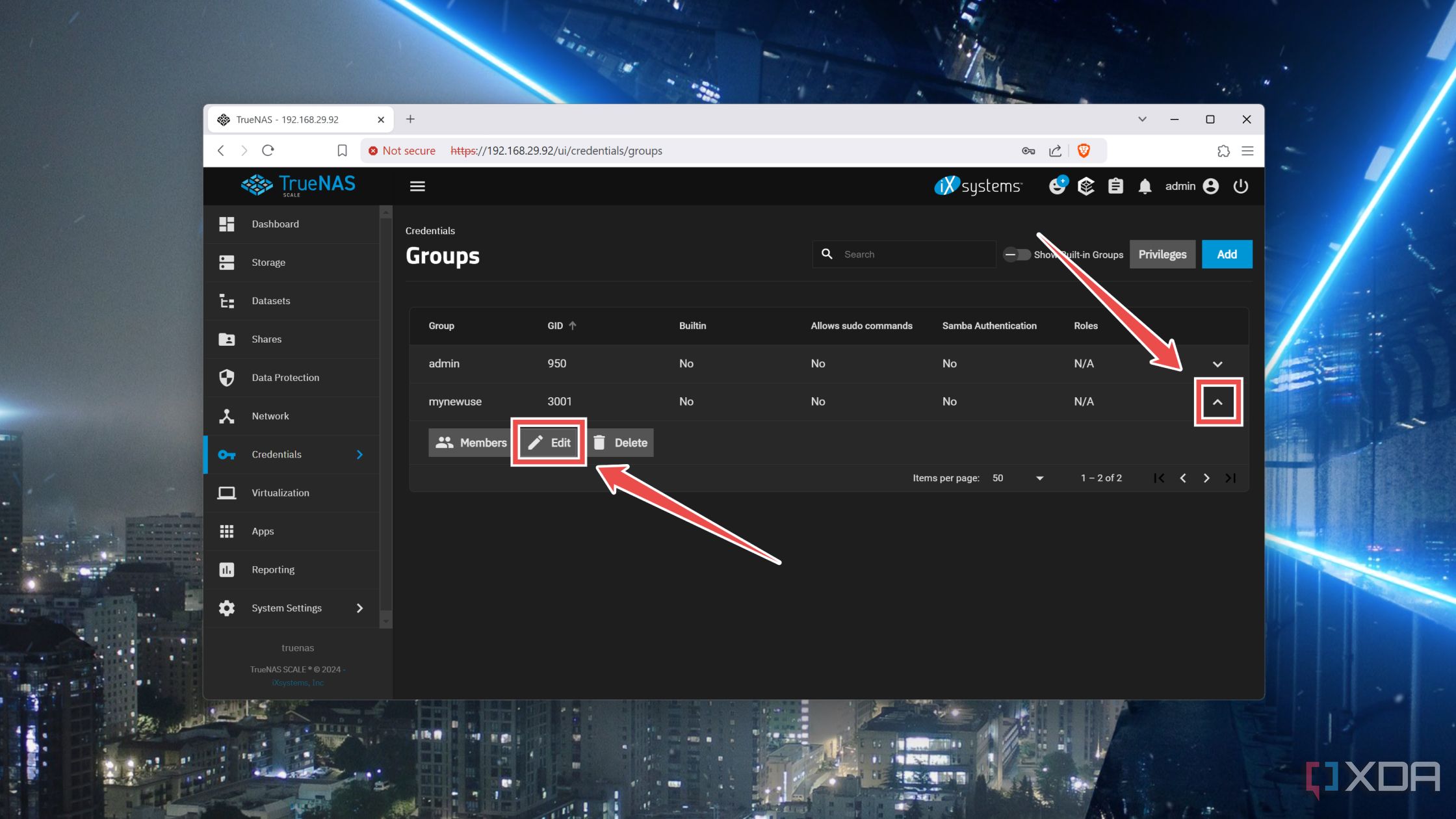 Presionar el botón Editar dentro de un grupo de usuarios de TrueNAS Scale