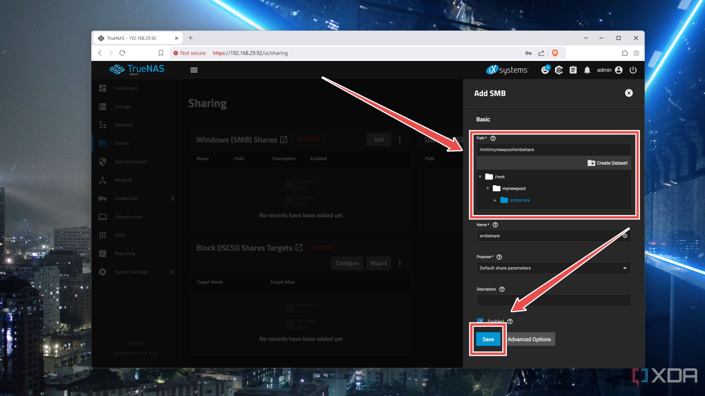 Cómo guardar un recurso compartido SMB en la interfaz web de TrueNAS Scale