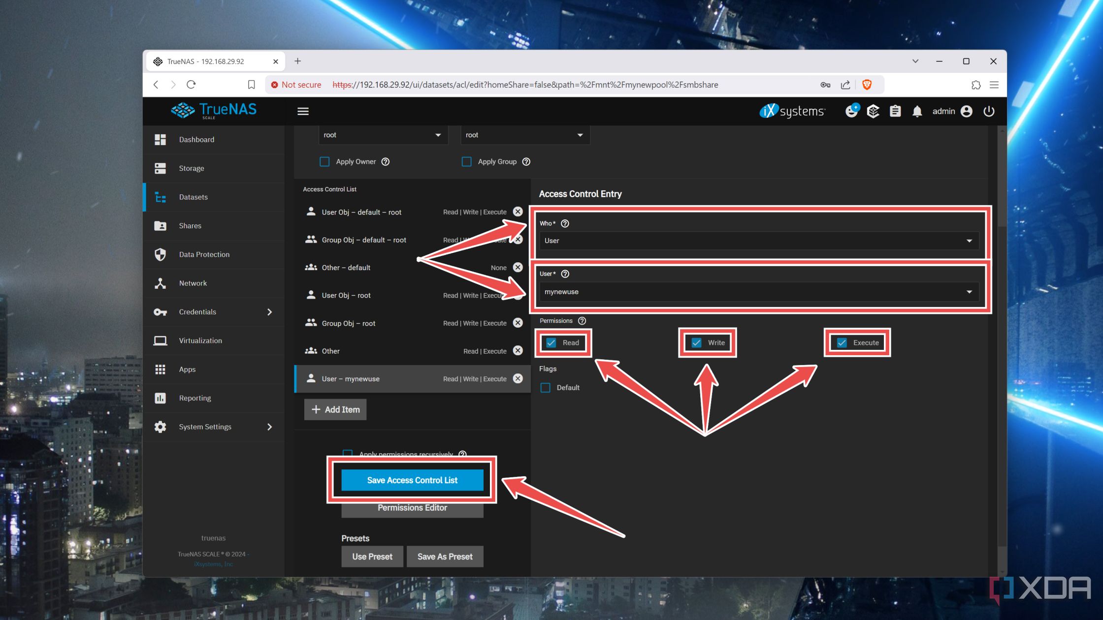 Configuración de nuevos permisos de ACL en la interfaz web de TrueNAS Scale