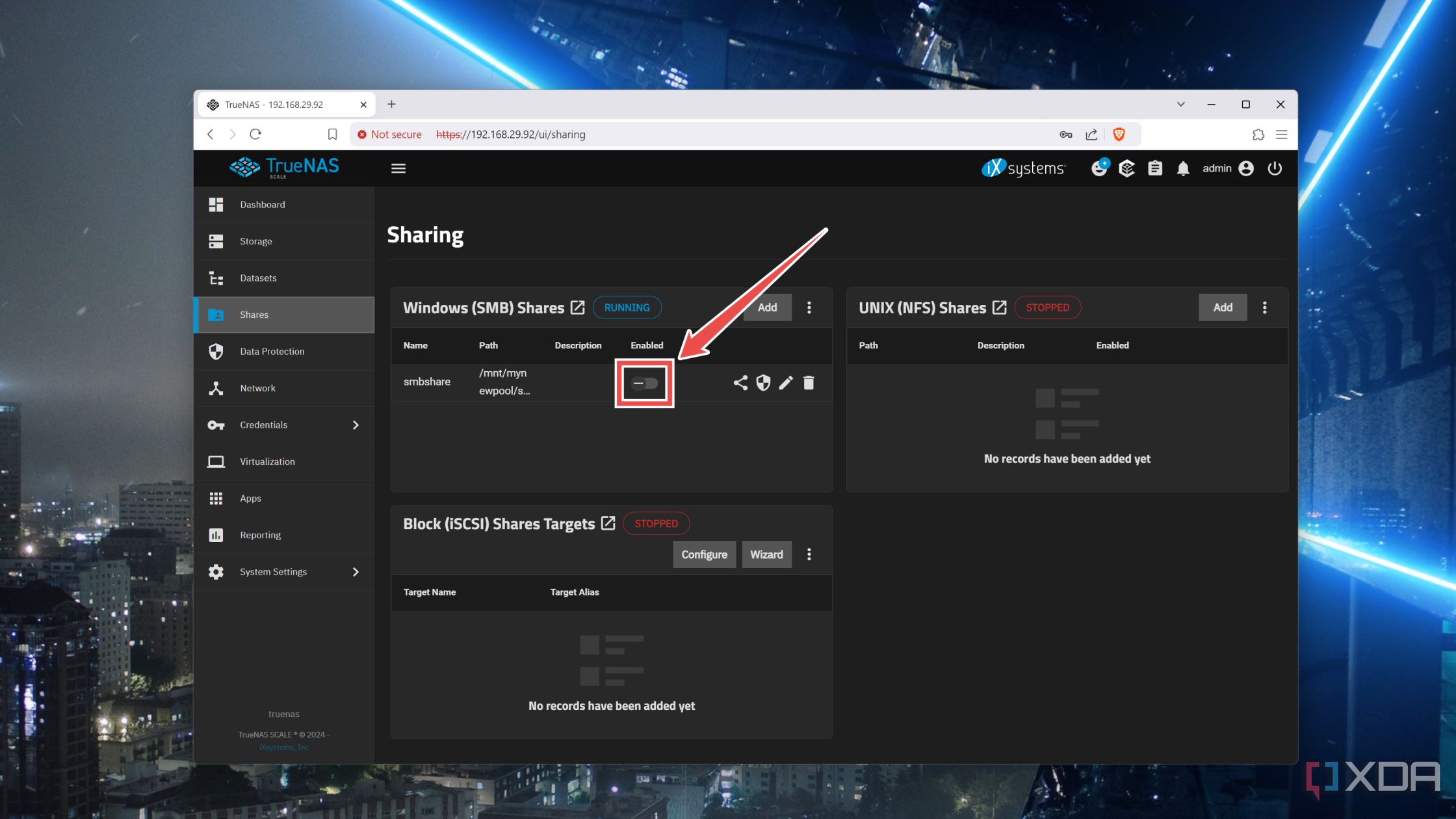 Habilitación de un recurso compartido SMB en la interfaz web de TrueNAS Scale