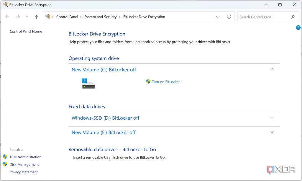 Configuración de BitLocker en la ventana del Panel de control